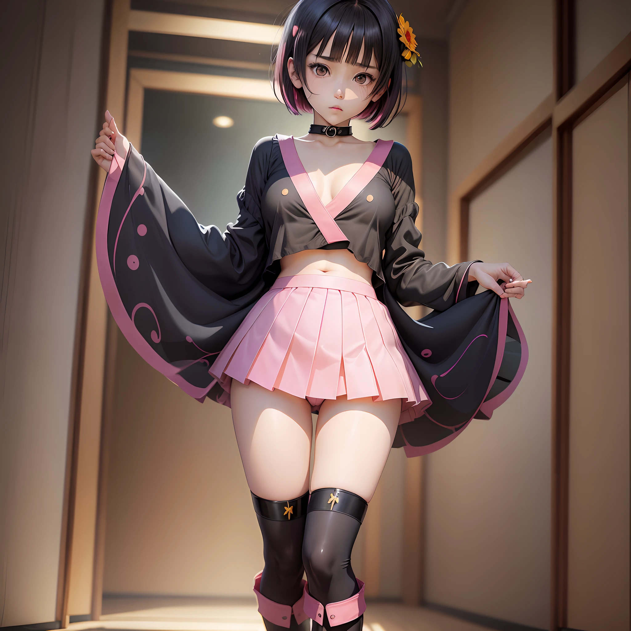 uzumaki_himawari, (masterpiece), (young girl), (lines on face), short black hair, blunt bangs, blue eyes, ((transparent pink skirt)), black thighs, red boots, standing, ((solo)), full body, purple panties, flat chest,, bare top, underage --auto --s2
