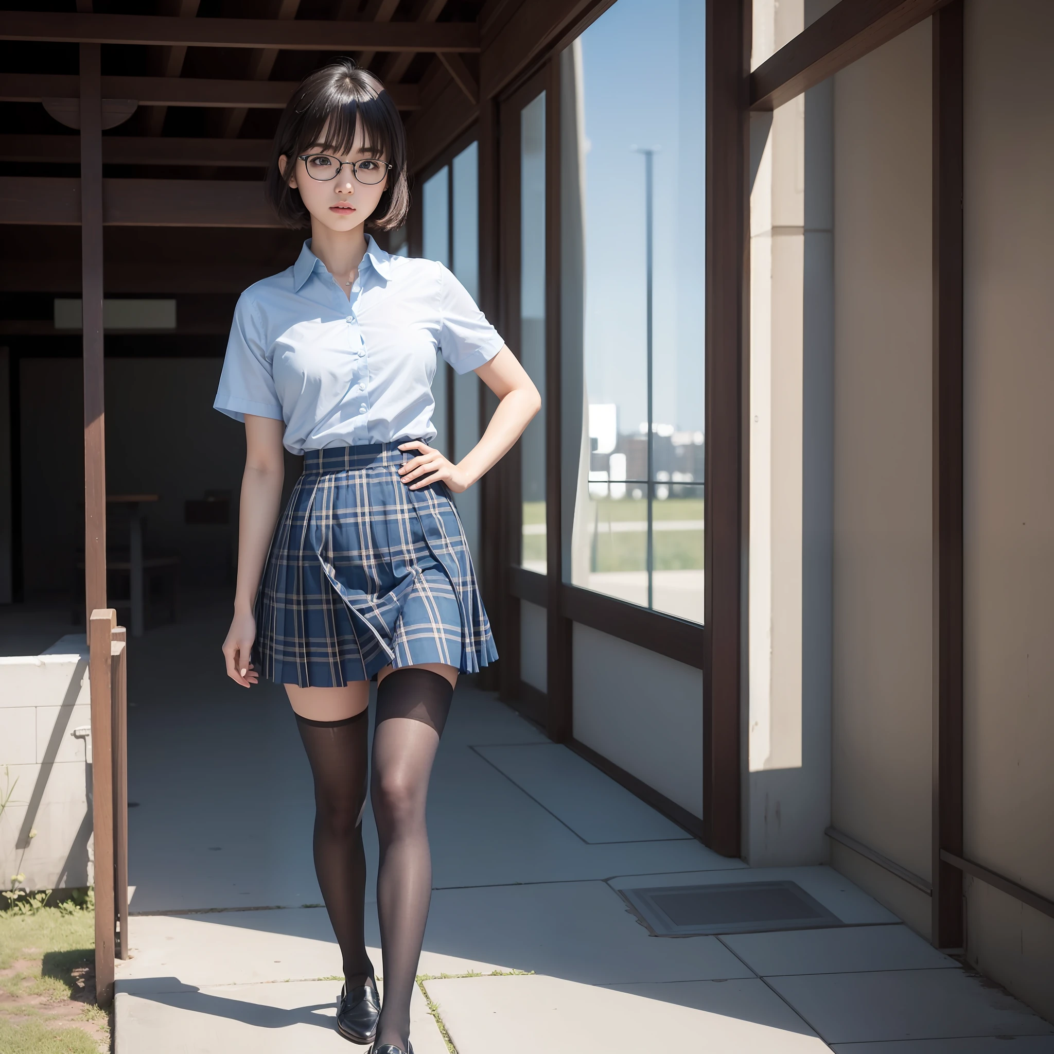 Hikaru Takahashi,Alone, Solo,(8K, RAW photo, best quality, masterpiece: 1.2),Black pantyhose OL,,Erotic,Short hair,Glasses,Russian woman,Standing,Tight eyes,Thin,Gritty,Angry,Small,Flat breasts (Realistic, Photorealistic:1.37),Top quality、Ultra high resolution,Photon mapping、Radiosity,Physically Based Rendering, Blur, Foreground, Depth of Field, Blurred Background, Photo_\ (Medium), Motion Blur, Girl, (Full) Body), Long Legs, Slender Legs, Medium Hair, Bangs, (Bangs Visible), hair_ornament, Lips, blue_eyes, Nosesoft, China, Light blue shirt, Navy blue and blue and white plaid pleated skirt, Sheer clothing, Black loafers, Tin Hai, Black Cotton Socks,