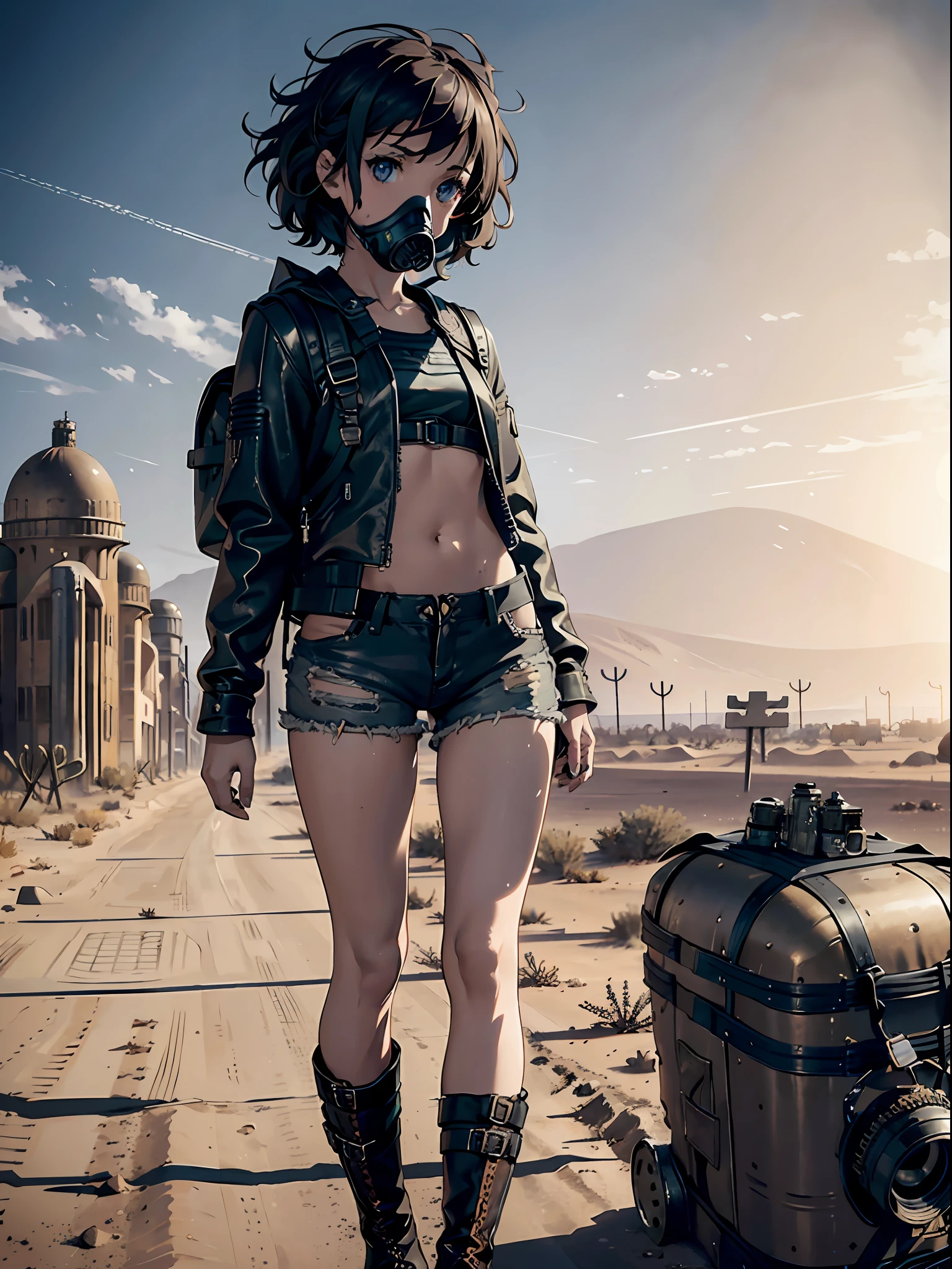1girl, (solo:1.2), [slim], (small chest), pale skin, ((detailed eyes)), (bokeh effect), (dynamic angle), dynamic pose, short curly hair, leather jacket, ripped jeans, high boots, (backpack), knife, (gas mask:1.2), (dark and cloudy sky), dirty hair, (desert wasteland:1.3), dirty hair, radio, ((masterpiece)), collapsed highway, (desert)
