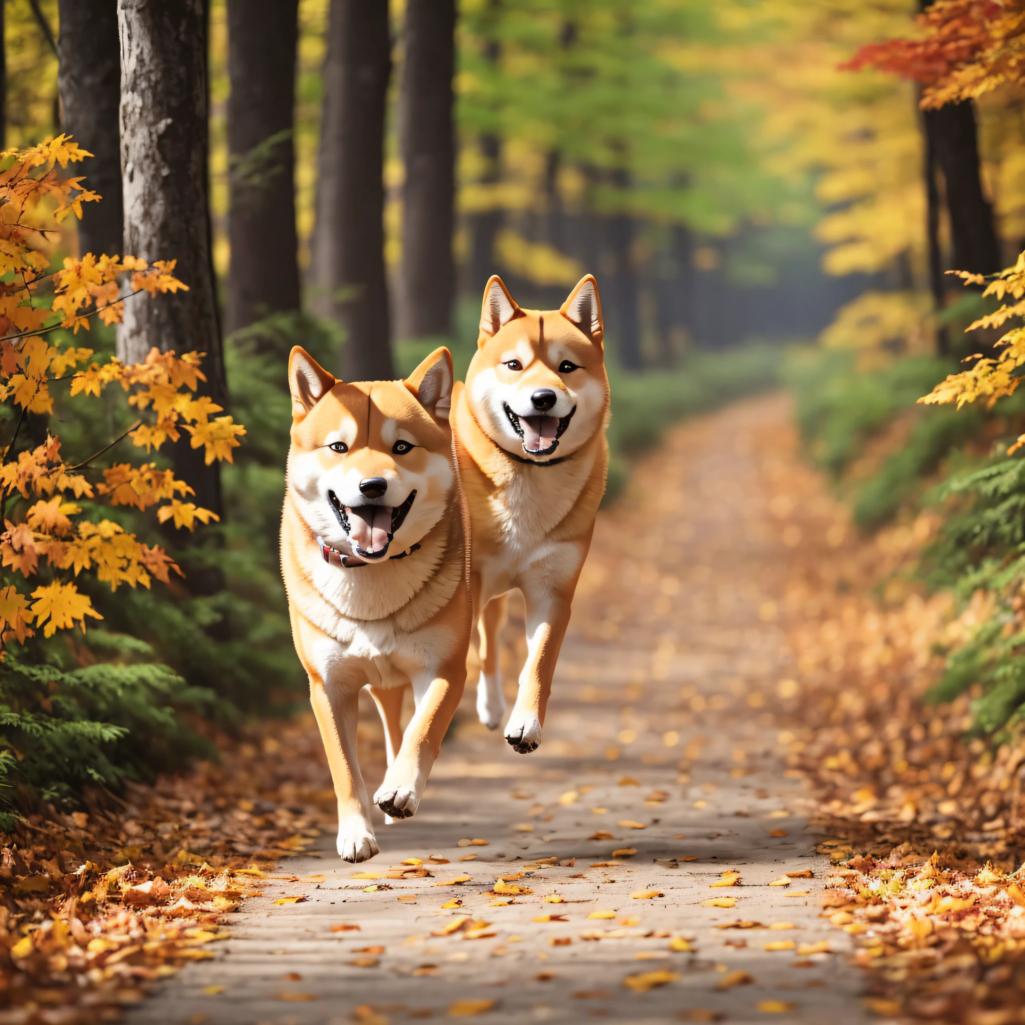 Dog running on path in forest, Shiba Inu, enjoying a walk in forest, portrait of Shiba Inu, Shutterstock, Doge, Japan dog, running towards camera, in bright forest, season is autumn, autumn leaves --auto --s2