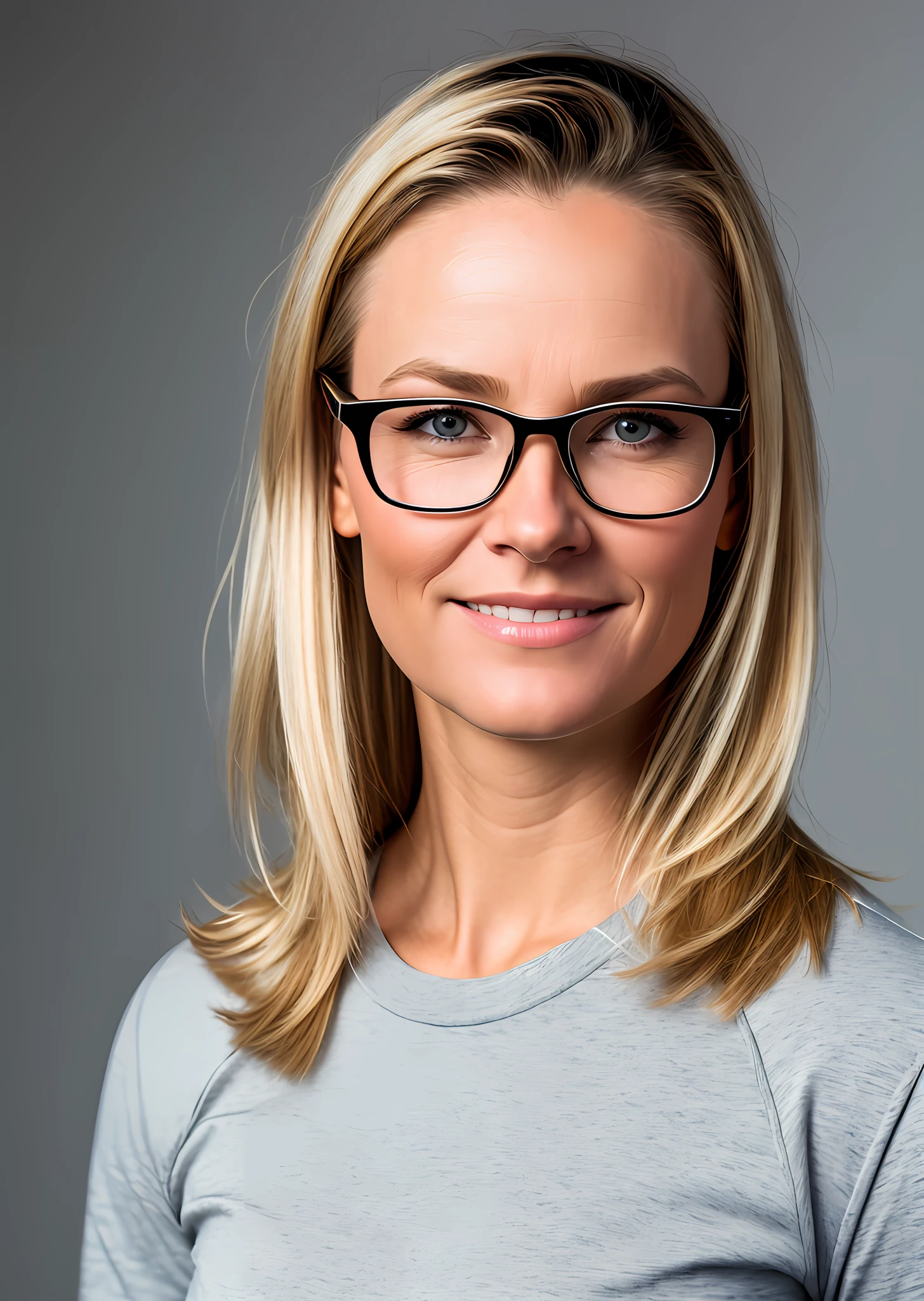 (high quality, clear and detailed close-up portrait), a 35-year-old caucasian soccer coach woman posing for a professional headshot, (shoulder length blond tied hair + black glasses + light make-up), regular looking, (neutral expression + confidence + serious), (plain Jane), (sports sweat-shirt), (consistent lighting and deep contrast), photo studio background, centered, sporty, jock