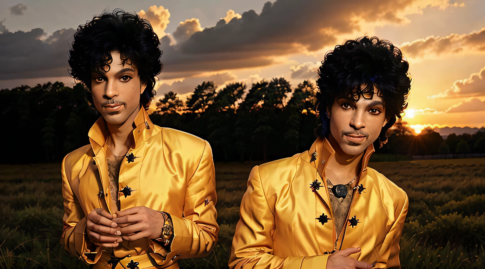 a photo of 1982 singer PRINCE man dressed as a Renaissance Lord, (Detailed Face), (perfect eyes:1.1), (highly detailed skin: 1.1), smiling, slim body, Fashion Photography, Cinematic, Dramatic lighting, Photorealistic, Realistic, ((Sunset)), (standing on a field field), thunder clouds in the distance, blurred background, RAW,, sharp focus, 8k, high resolution, DSLR, high quality, Fujifilm XT3, grain, award-winning, masterpiece,