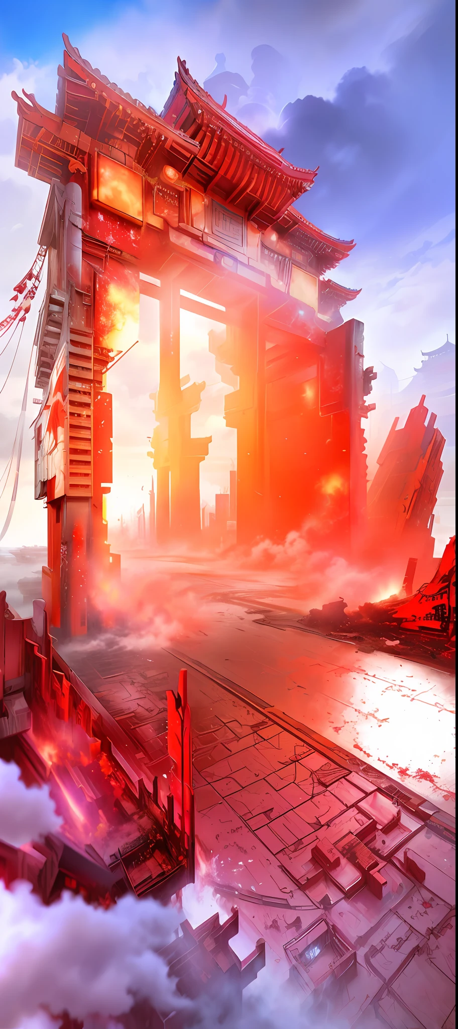 Chinese Ancient Architecture, Gate, Bloodbath Battlefield Background, Dream Screenshot Art, Destroying the Cityscape, Explosions Everywhere, Cyberpunk Ancient Chinese City, [Explosion & Fire], inspired by Kiyoshi Torii, inspired by Ryunari Kishida, Burning City Background, from Azure Lane video game