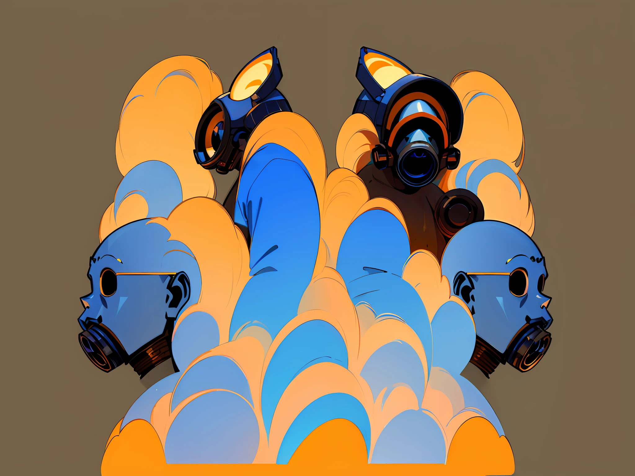 ((masterpiece)),(((best quality))),((character design sheet,same character,front,side,back)),illustration,18 year old girl,wavy hair,hair covering ears, brown eyes,environment Scene change, pose too,cobalt gas mask, breathing tube with orange light, charturnbetalora, (simple background, white background: 1.3)