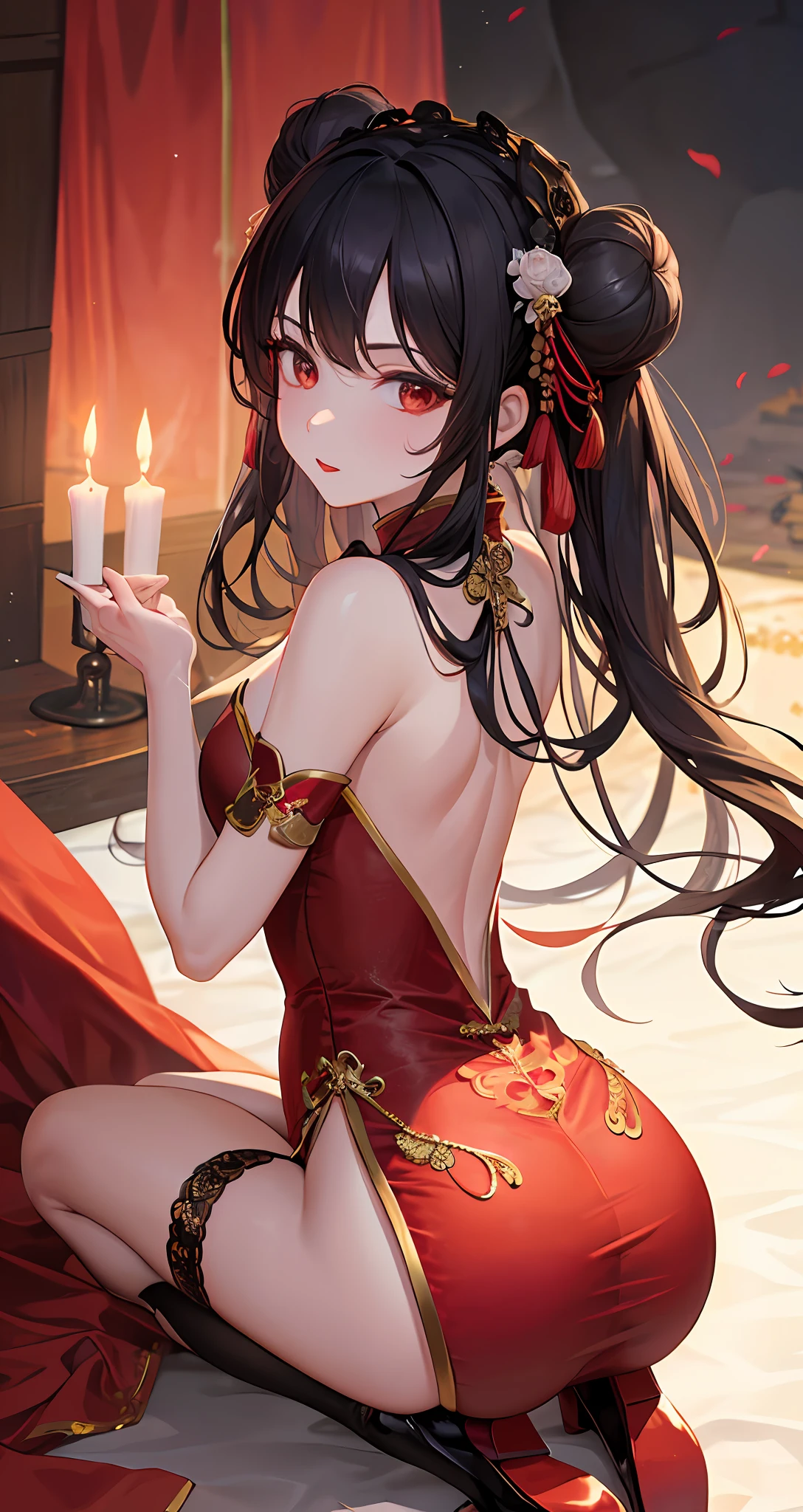Masterpiece, Superb Body, Extremely Normal Body, Candle Night in the Cave House, Wedding Scene, ((Single Person)) (Point You By Ass) Mature Woman, Chinese Style, (Royal Sister), Chinese Costume Red Wedding Dress, Bun, Black Long Haired Woman, (Embroidered Cloth Shoes ++), Black Stockings, Red Lips, Gentleness, Intellectual, Three Belts, Wedding Background, Wan, Red Lantern, Festive Atmosphere, Face Close-up, Face Close-up