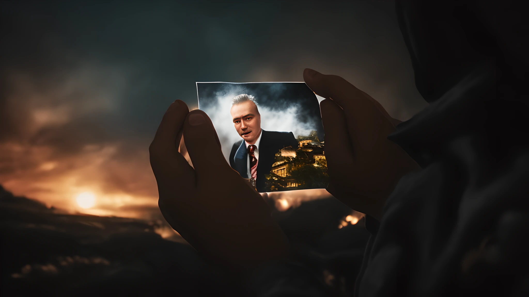 A classic analog negative photo, a hyper-realistic, super-detailed view from the back of a man holding an old photo of his family. hands with close-up photo, dark fantasy movie of the 1970s, haze, galiting, dramatic atmosphere (Muted colors: 1.7)