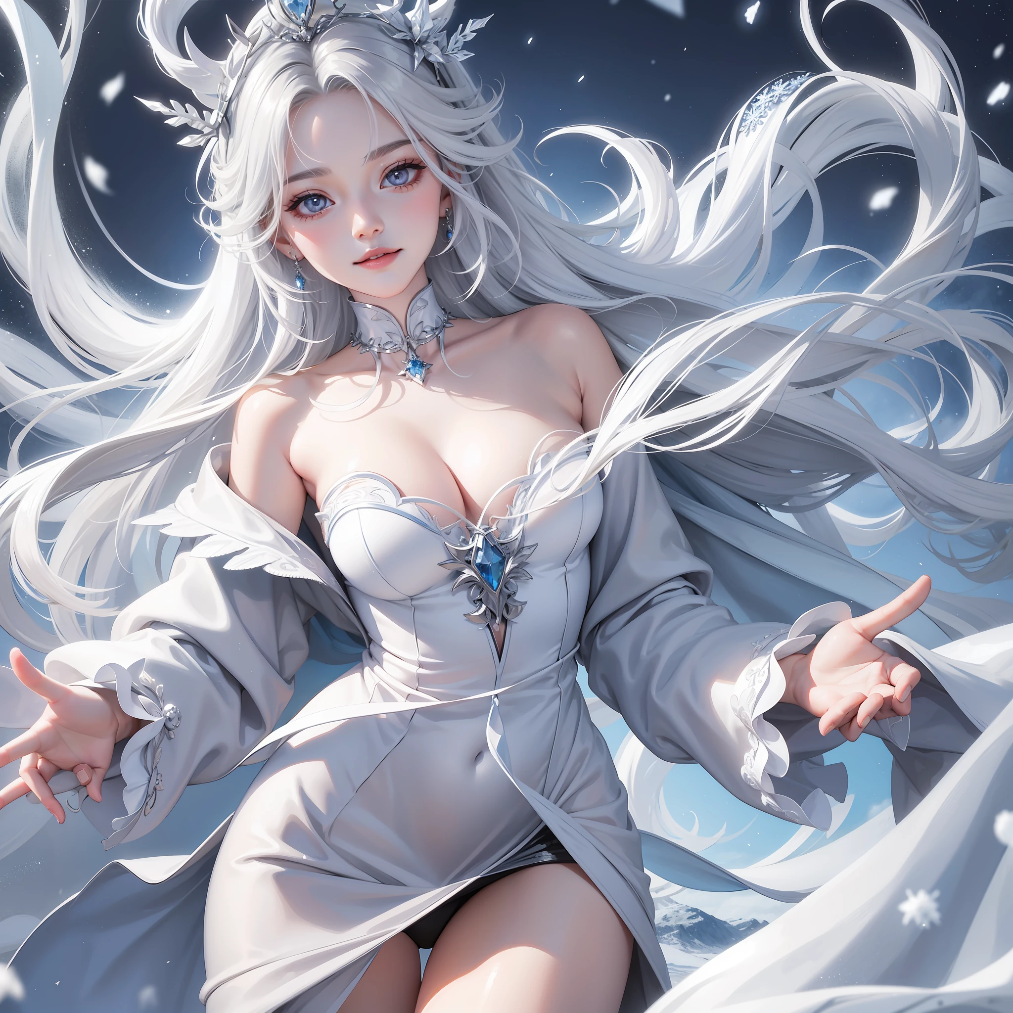(Masterpiece) 8K resolution, Snow Queen, Beauty with Ice Blossoms, , Silver Straight Long Hair, Hazel Eyes, Ash Gray Eyes, Kind Smile, Fantasy Style,