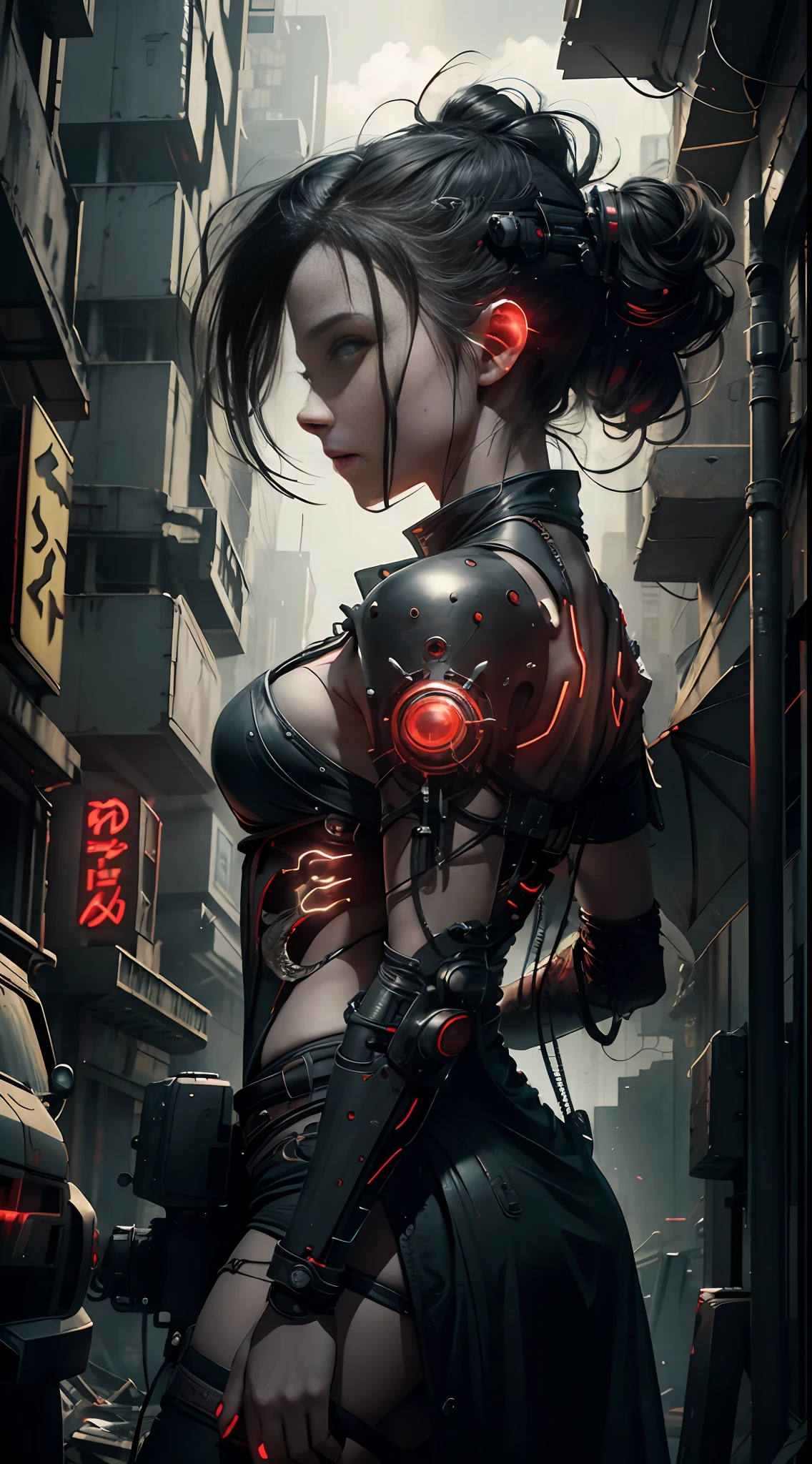 A girl, wearing a black-red luminous mask, eyes shining with yellow light, dressed sexy, half of her body is openwork reelmech, right hand is a mechanical prosthesis, red torn cloak swaying in the wind, next to a small aerial machine with complex structure, night, a destroyed cyberpunk city in the apocalypse, girl sitting on this big neon billboard, lifelike, best image quality, highest definition and clarity, original, surrealism, high detail, futurism, action painting, chiaroscuro, cinematic lighting, ray tracing, reflected light, denim lens,