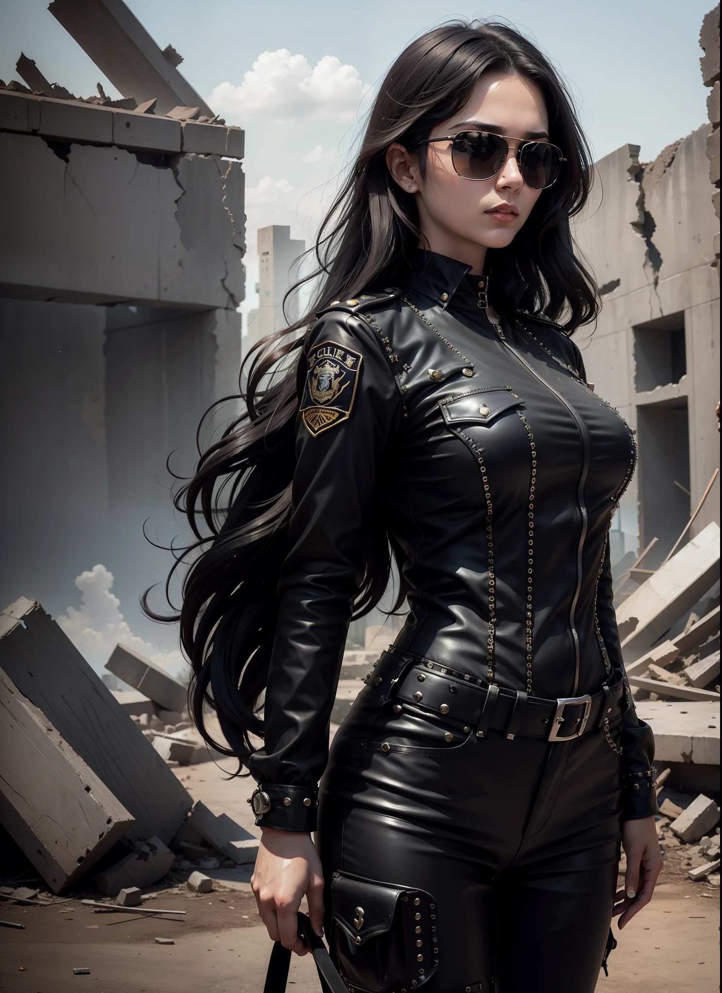 police, beautiful woman, medium dark long hair, black sunglasses, black clothes, rivets, just one body, in the ruins, front view