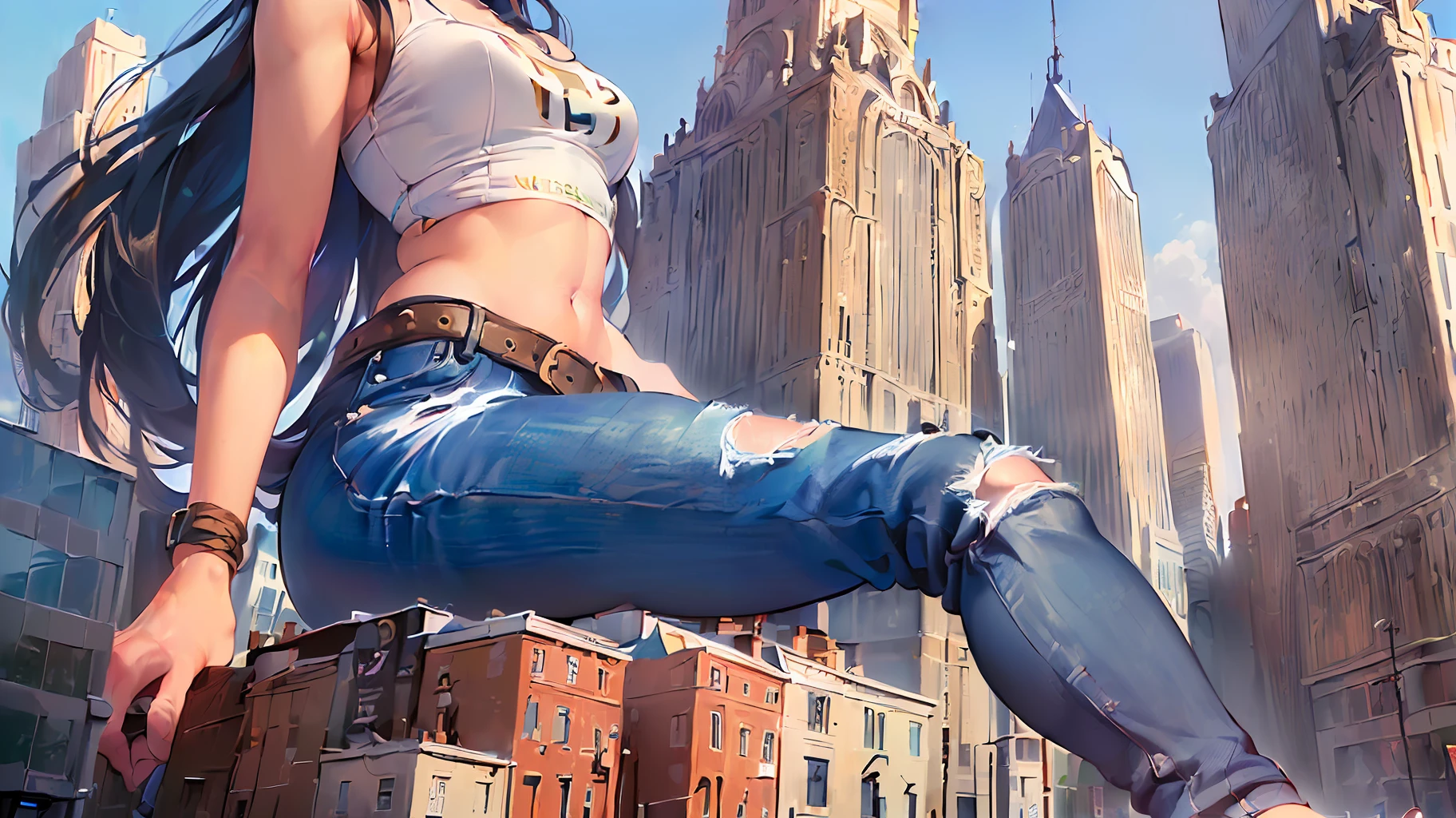 ((((15m giant woman))), one girl, crop top, (((If you look up at the girl from her feet, perspective, lower view))), towering body, sfw, normal clothes, jeans, (1girl:1.9), low angle, looking at viewer, smilling