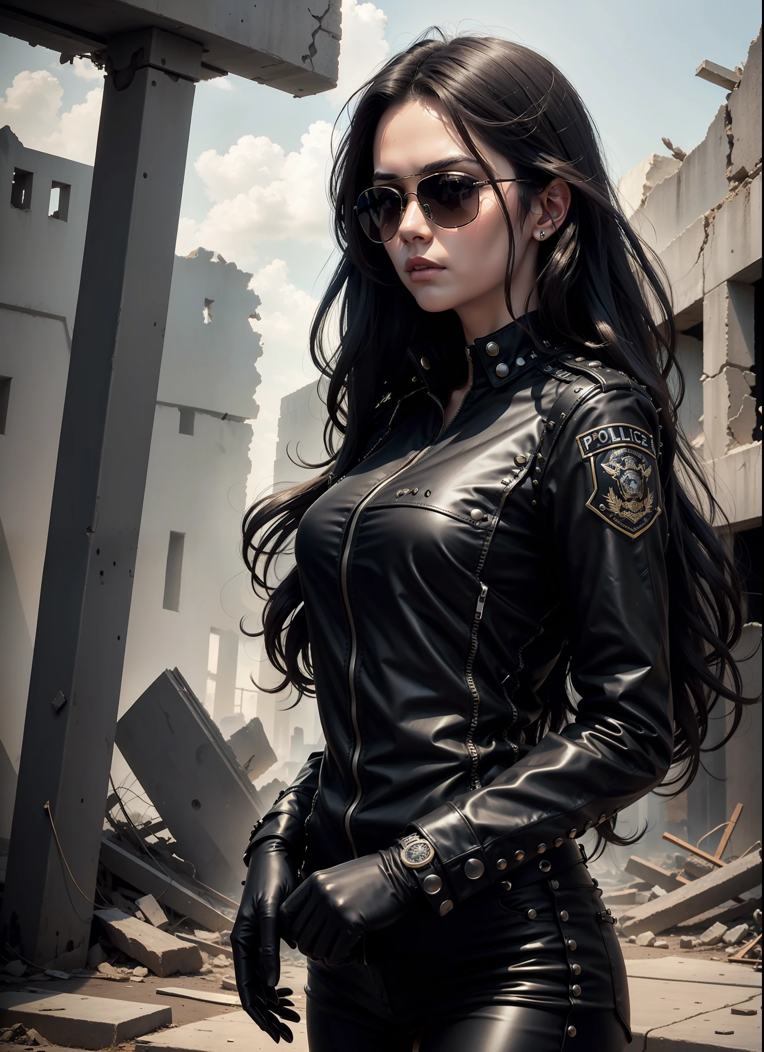 police, beautiful woman, medium dark long hair, black sunglasses, black clothes, rivets, just one body, in the ruins, front view
