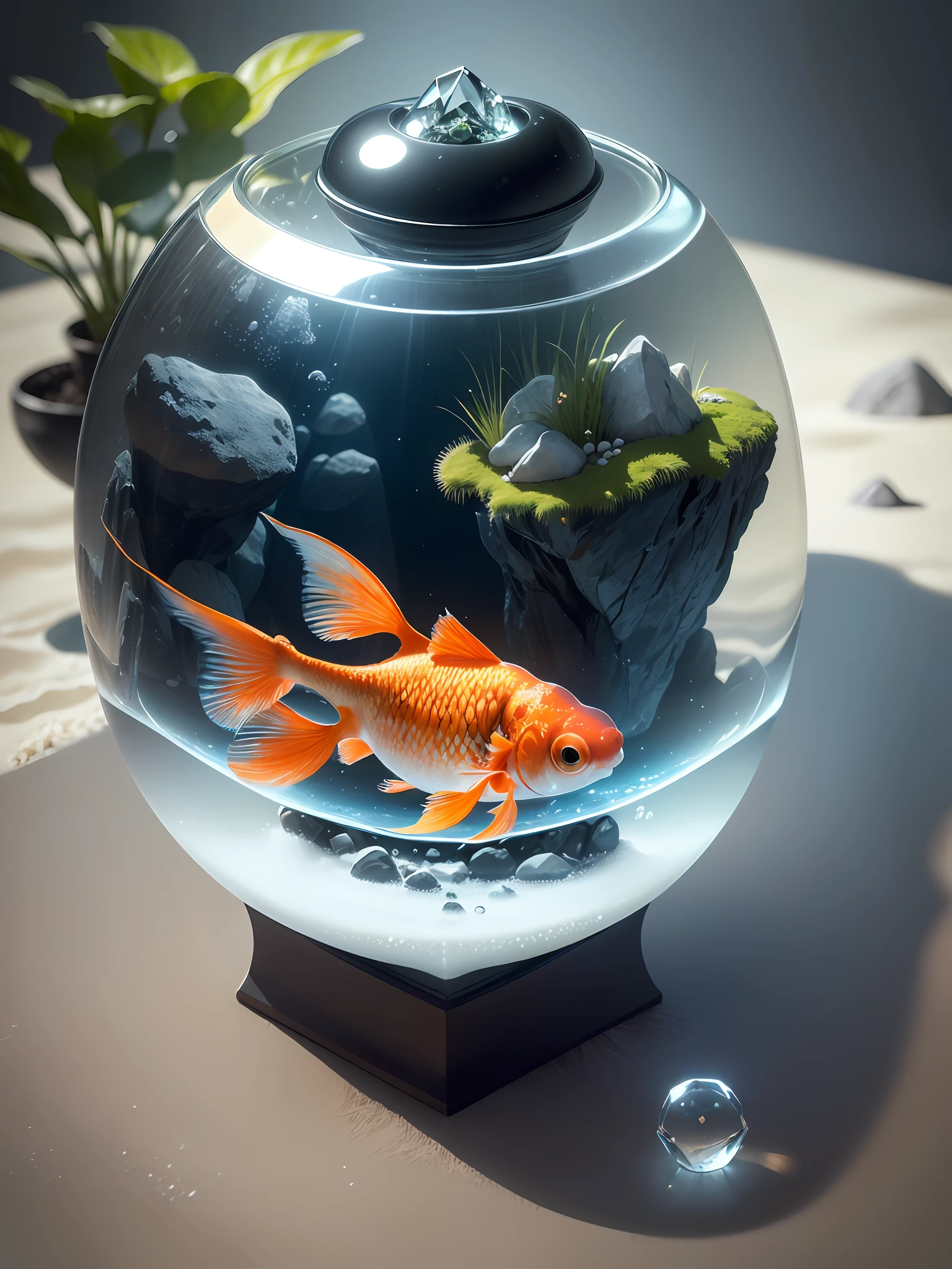 Ultra-realistic, 16K high resolution, (Max Sharp Focus: 1.3), (Max Close-up: 0.5), (Japan goldfish trapped in a crystal perfect ball with pedestal on table: 1.7), (Light coming in from between white sand, water plants, moss, rocks, black clouds, dramatic: 1.3)