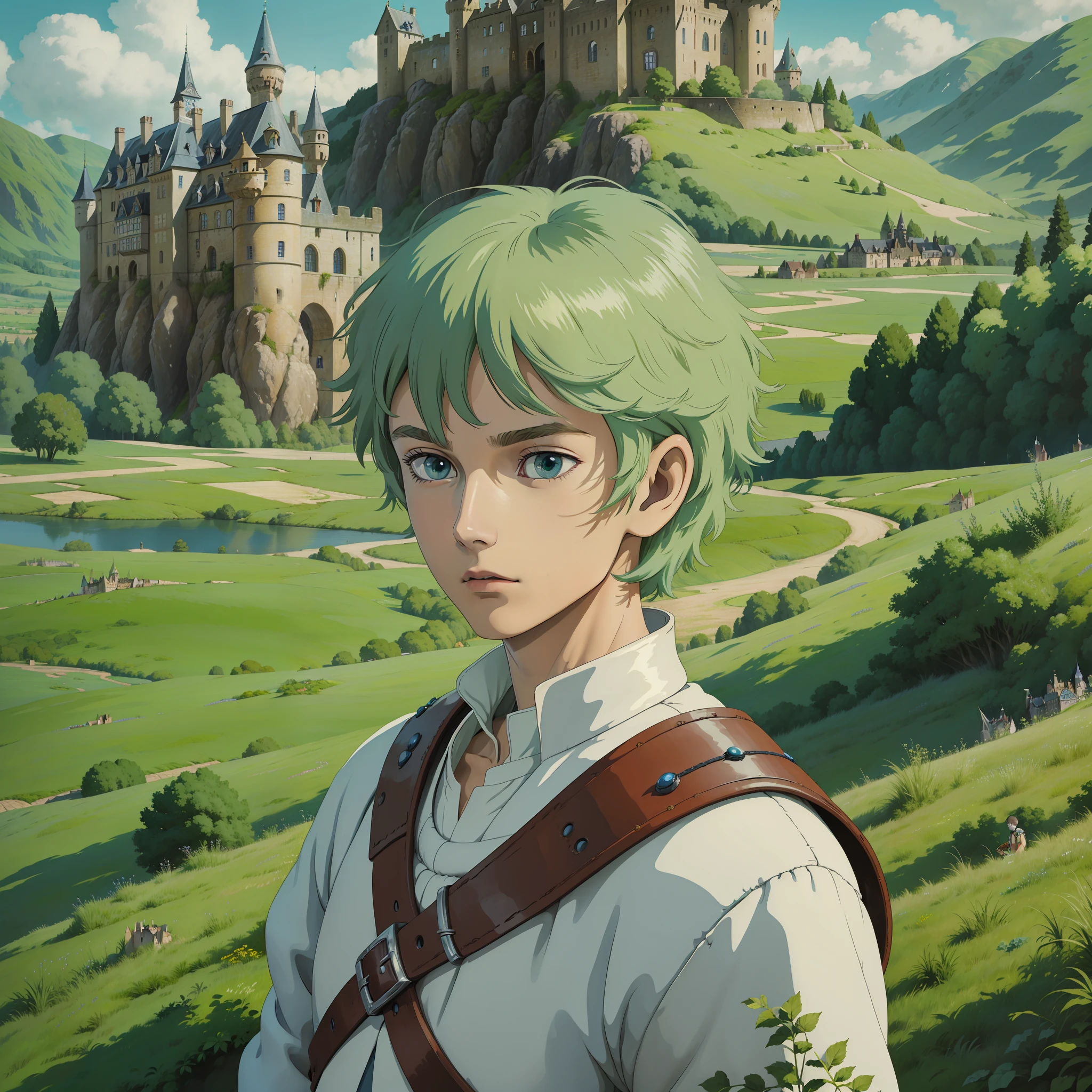 Boy, teenager, short green hair, white skin, blue eye, MEDIEVAL CLOTHING, STUDIO GHIBLI STYLE, PORTRAIT, PORTRAIT, MEADOW BACKGROUND WITH CASTLE IN THE BACKGROUND