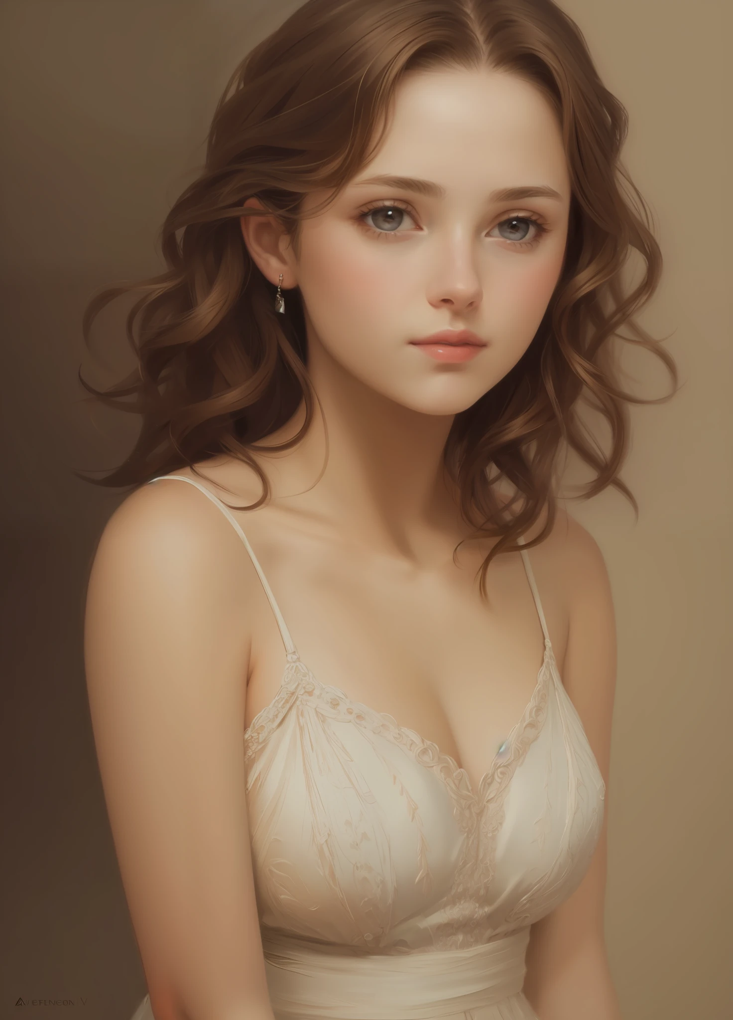 1girl, beautiful girl, very small breasts, short wavy brown hair, portrait, oil painting, modern, realistic proportions, intricate, intricate details, sharp focus