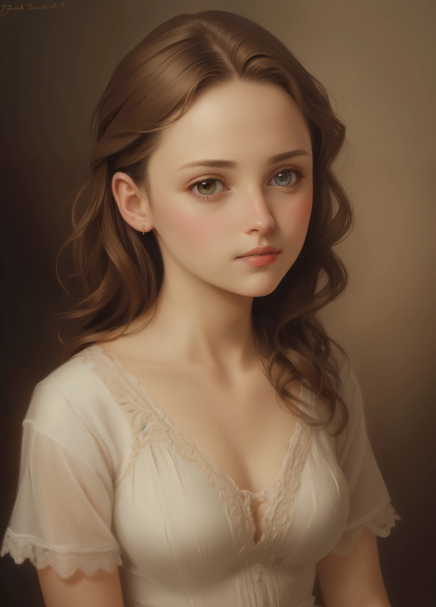1girl, beautiful girl, very small breasts, short wavy brown hair, portrait, oil painting, modern, realistic proportions, intricate, intricate details, sharp focus