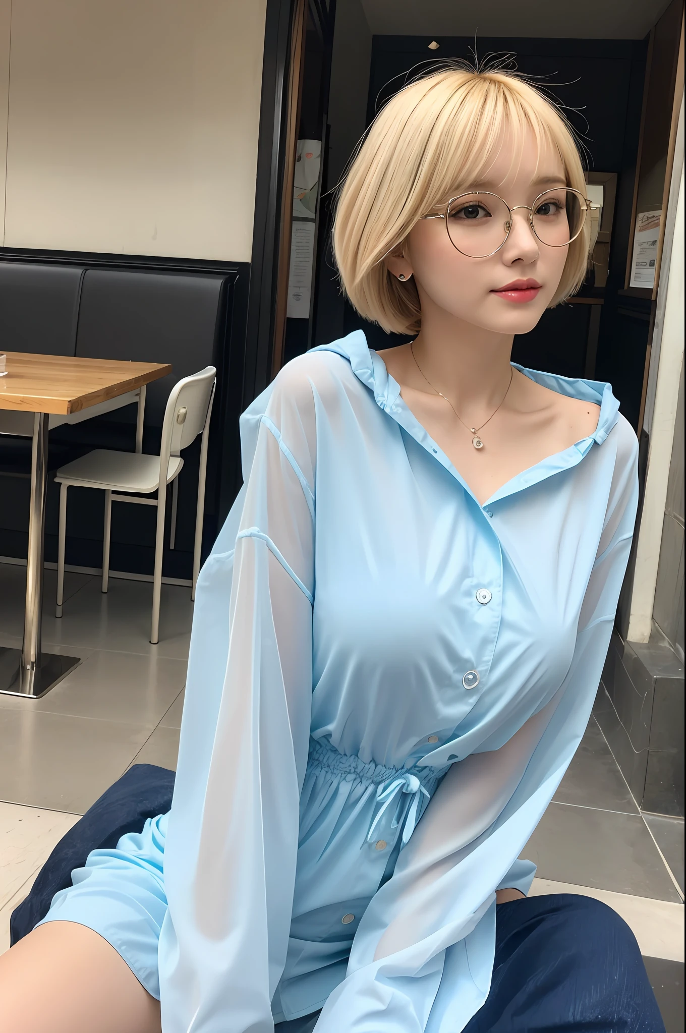 (8K, best quality:1.2), (masterpiece:1.37), (photo, photorealistic:1.37), (ultrahigh-res) Plastic raincoat made of garbage bag like light blue underwear, naked directly raincoat, collarbone, exposed, high definition film photo, Japan woman, 8k, hydrangea, heavy rain, street, June, wistful, kinky pose, looking back, upper body shot, sitting, 1girl, mature female, short blond hair, bangs, glasses, white blouse, detailed pupils, (huge breasts), indoors, restaurant, city, colorful, vivid colors, masterpiece, absurdres, aesthetic