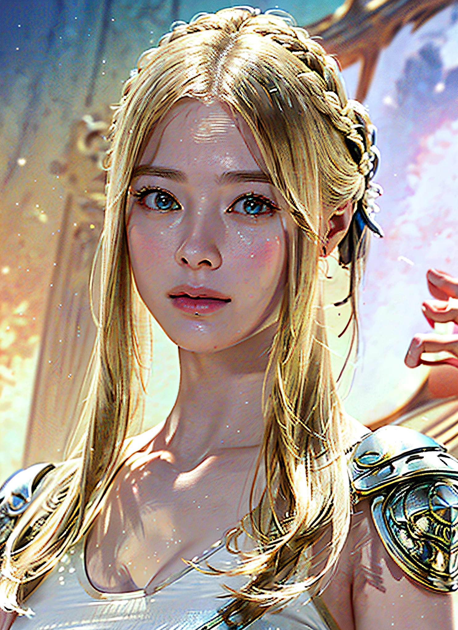 (realistic, portrait), intricate detail, beautiful porcelain profile face ultra detailed complex 3d render, big, huge,  swimsuit (micro ), (surreal), (), (high resolution), (8K), (very detailed), (best illustration), (beautiful detailed eyes), (best quality), (ultra detailed), intricate detail jewelry (detailed female armor: 2.3), ( Gorgeous Gold Armor: 1.3), 1 Girl, Solo, Long Hair, Wind, Gorgeous Face, Top Quality, Masterpiece, Maximum Detail, Diffused Lighting, (Blonde: 2.3), Valhalla Valkyrie, Mechanical Arm, Beauty, Facial Muscles