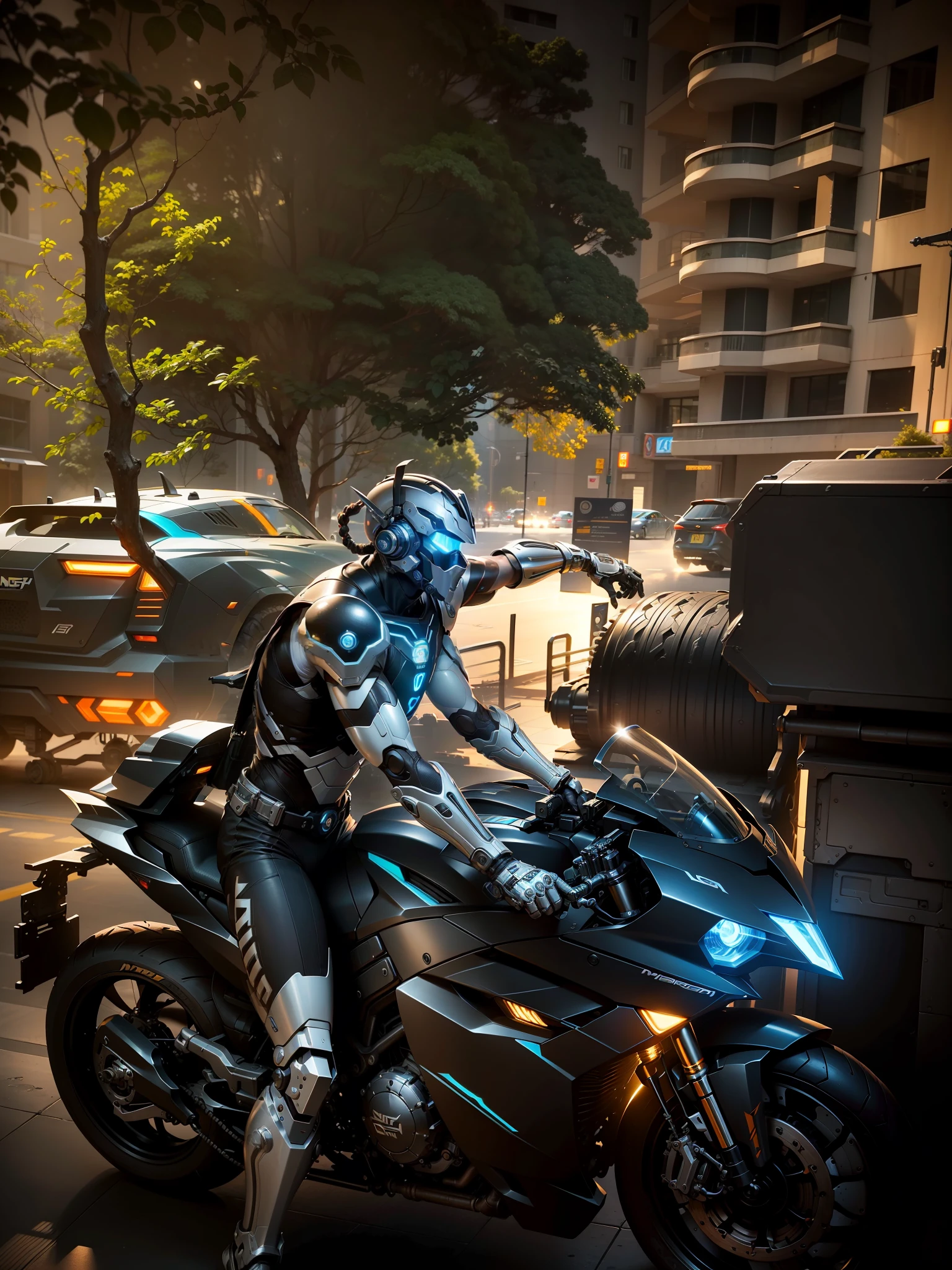 Cyber Warrior & Cybertech Mechanical Motorcycle, Mighty Male Warrior, Nousr, Biomechanics, MSHN Robot Man, Cybertech Full Surround Helmet, Surreal, Steel, Intricate Design, Crazy Detail, Fine Detail, Extremely Clear Lines, Cinematic Lighting, Photo Realistic, Detailed Masterpiece