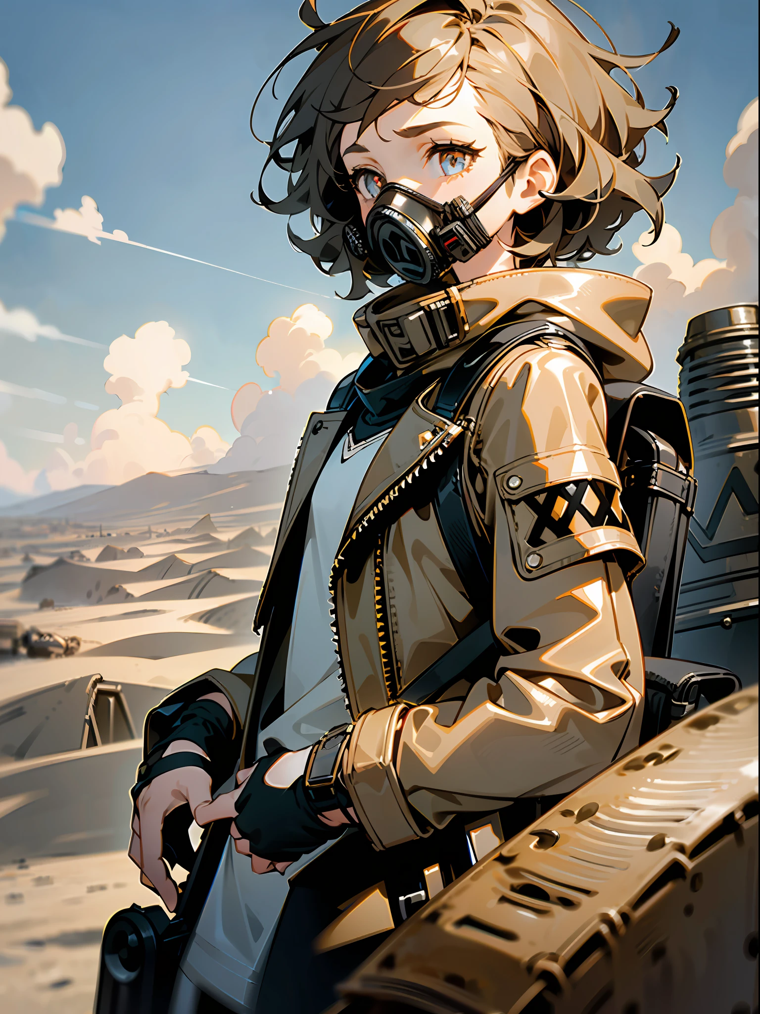 1girl, (solo:1.2), [slim], (small chest), pale skin, ((detailed eyes)), (bokeh effect), (dynamic angle), dynamic pose, short curly hair, leather jacket, ripped jeans, high boots, (backpack), knife, (gas mask:1.2), (dark and cloudy sky), dirty hair, (desert wasteland:1.3), dirty hair, radio, collapsed highway, (desert), ((masterpiece))