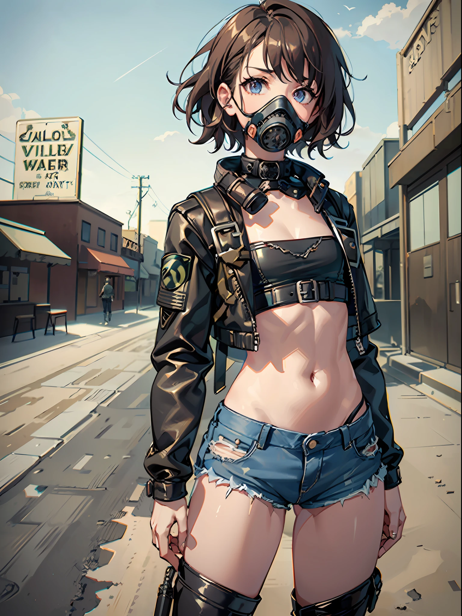 1girl, (solo:1.2), [slim], (small chest), pale skin, ((detailed eyes)), (bokeh effect), (dynamic angle), dynamic pose, short curly hair, leather jacket, ripped jeans, high boots, (backpack), knife, (gas mask:1.2), (dark and cloudy sky), dirty hair, (desert wasteland:1.3), dirty hair, radio, collapsed highway, (desert), ((masterpiece))