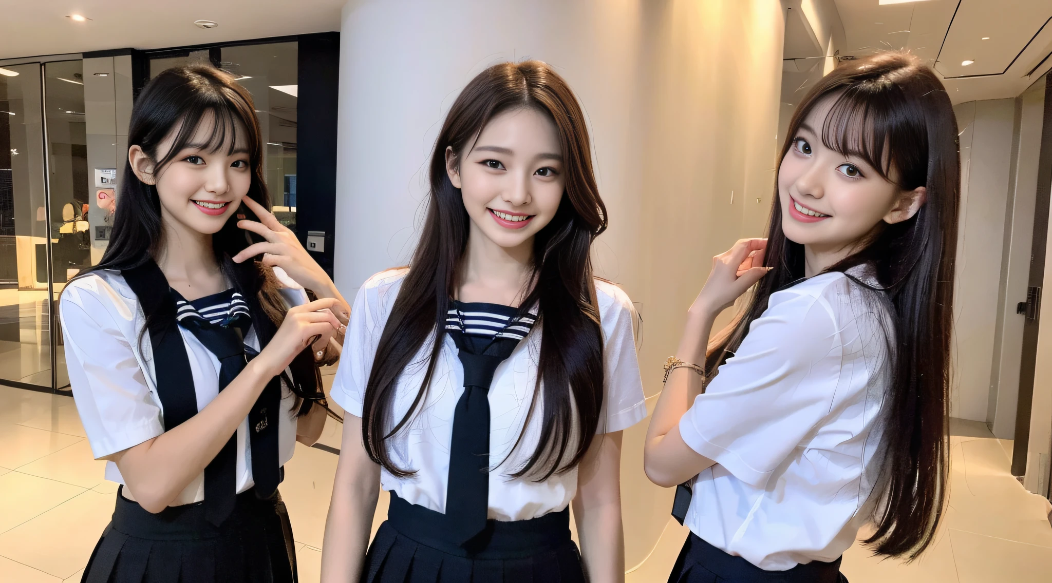 (8k, RAW photo, highest quality, masterpiece: 1.2), super detail, super resolution, (realistic, real photo: 1.37), (photorealistic: 1.6), portrait, high resolution RAW color photo, professional photo, very detailed and beautiful, touching hair (showing teeth and smiling), beautiful full moon (posing to show sides) Schoolyard at night with beautiful full moon, night sky is beautiful, Cute pose, super high quality, 8k wallpaper, amazing cute smile, transcendent cute face, amazing details, red scarf, very detailed beautiful girls, different pattern face, having a conversation in school classroom, light shining hair, one is a ponytail, modern cute schoolgirl, very detailed face very detailed eyes, very realistic skin, very detailed fingers, very detailed nose, very detailed mouth, perfect anatomy, highly detailed sailor suit, very detailed background, after school, smiling school girls gather in the hallway of the school. They are in uniform, bathed in moonlit nights, revealing the details of their hair and uniforms. They enjoy chatting in natural poses and seem to have memorable conversations. Smiling faces, fun spreads in the hallway, long straight hair, (dull bangs: 1.2), , schoolgirl youth Celebrity-level cuteness , (pink eye shadow)