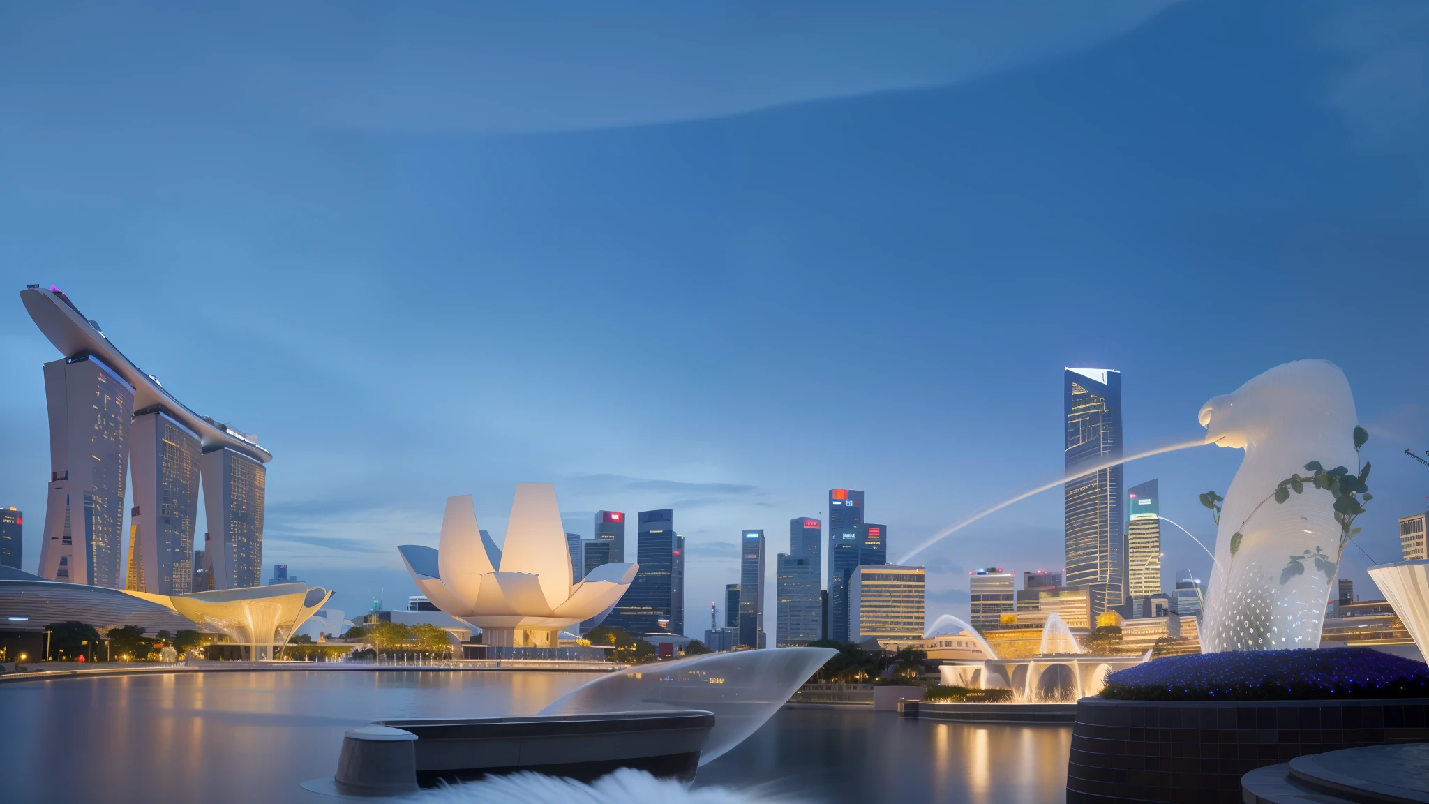 there is a fountain in the middle of a city with a lot of buildings, singapore city, singapore, the singapore skyline, singapore esplanade, set on singaporean aesthetic, singapore ( 2 0 1 8 ), travel, shutterstock, fine art piece, beautiful city of the future, serene emotion, elegant look, artistic render, view, high quality image, beautiful city