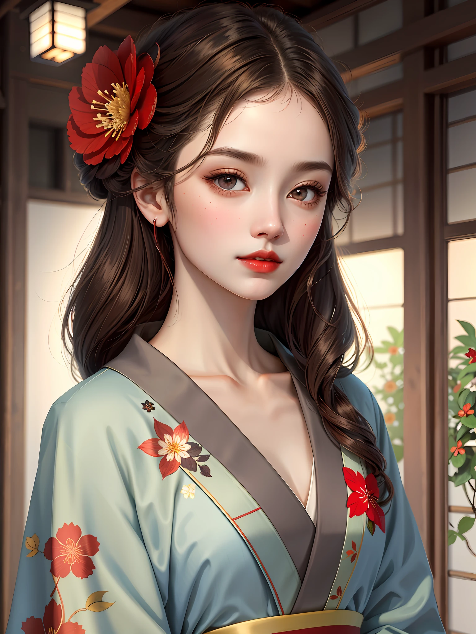 masterpiece,best quality,absurdres,original,extremely delicate and beautiful,beautiful detailed eyes and face,1girl, brown_hair, flower,kimono japanese_clothes, at starrynight, close lip, looking_at_viewer, straight-on, red_flower, solo,red lips,(masterpiece:1.4),(best quality:1.4)