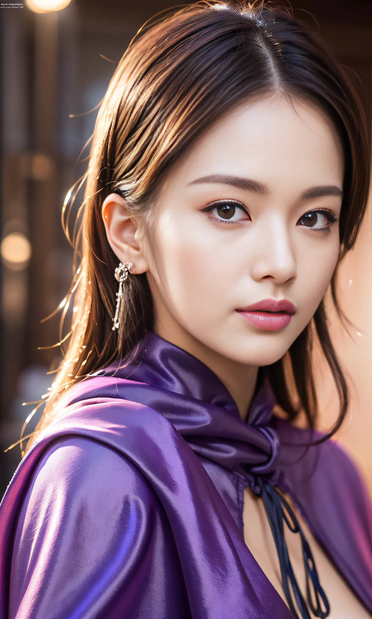 ((masterpiece))), (((best quality))), ((ultra-detailed)), (hyperrealistic), (highly detailed CG illustration), cinematic light, photorealistic ,extremely beautiful young lady, (beautiful face and lips), light makeup, big breast, intricate purple eaba, purple cape, spear, trending on artstation.