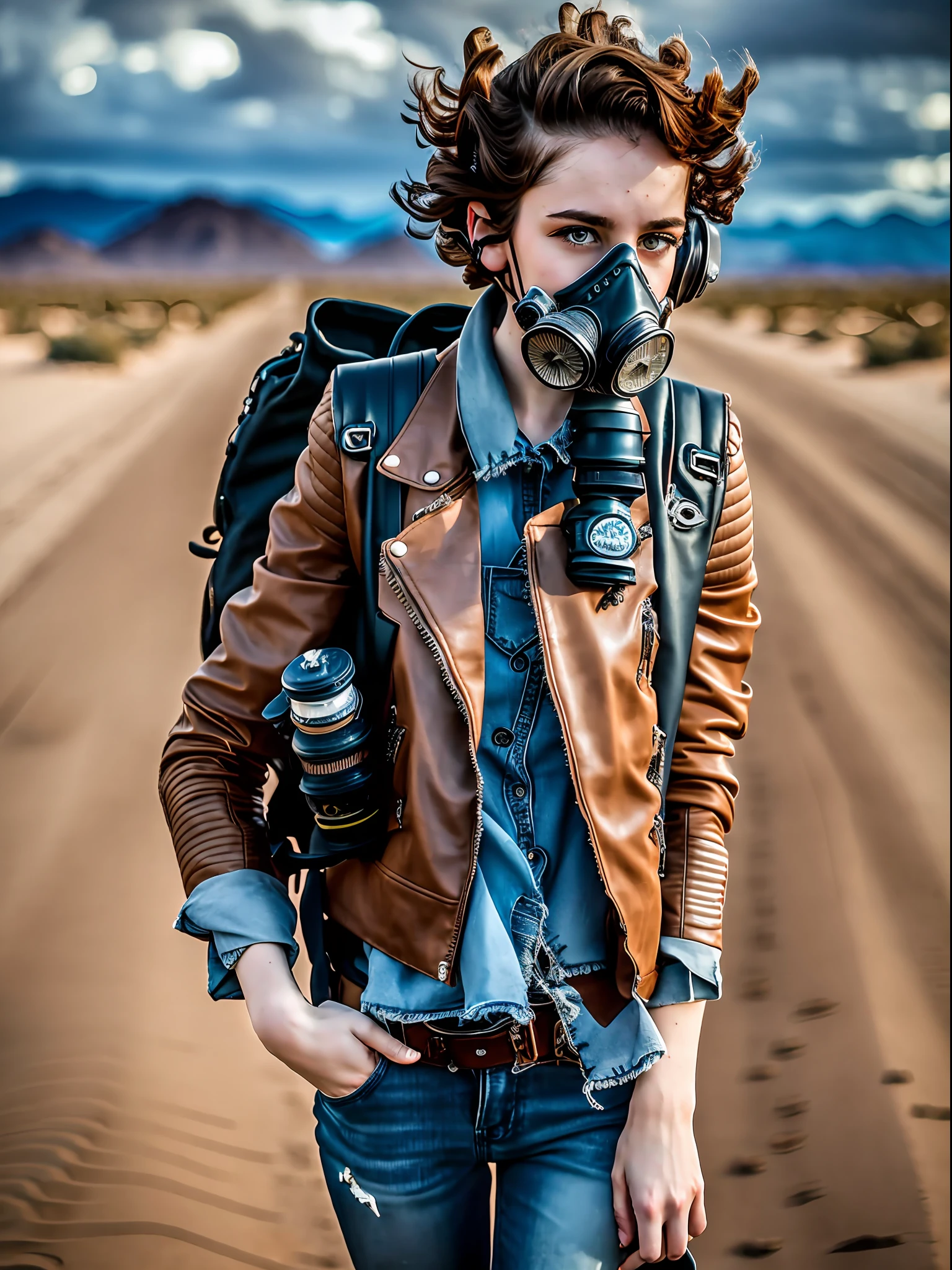 1girl, (solo:1.2), [slim], (small chest), pale skin, ((detailed eyes)), (bokeh effect), (dynamic angle), dynamic pose, short curly hair, leather jacket, ripped jeans, high boots, (backpack), knife, (gas mask:1.2), (dark and cloudy sky), dirty hair, (desert wasteland:1.3), dirty hair, radio, collapsed highway, (desert), ((masterpiece))