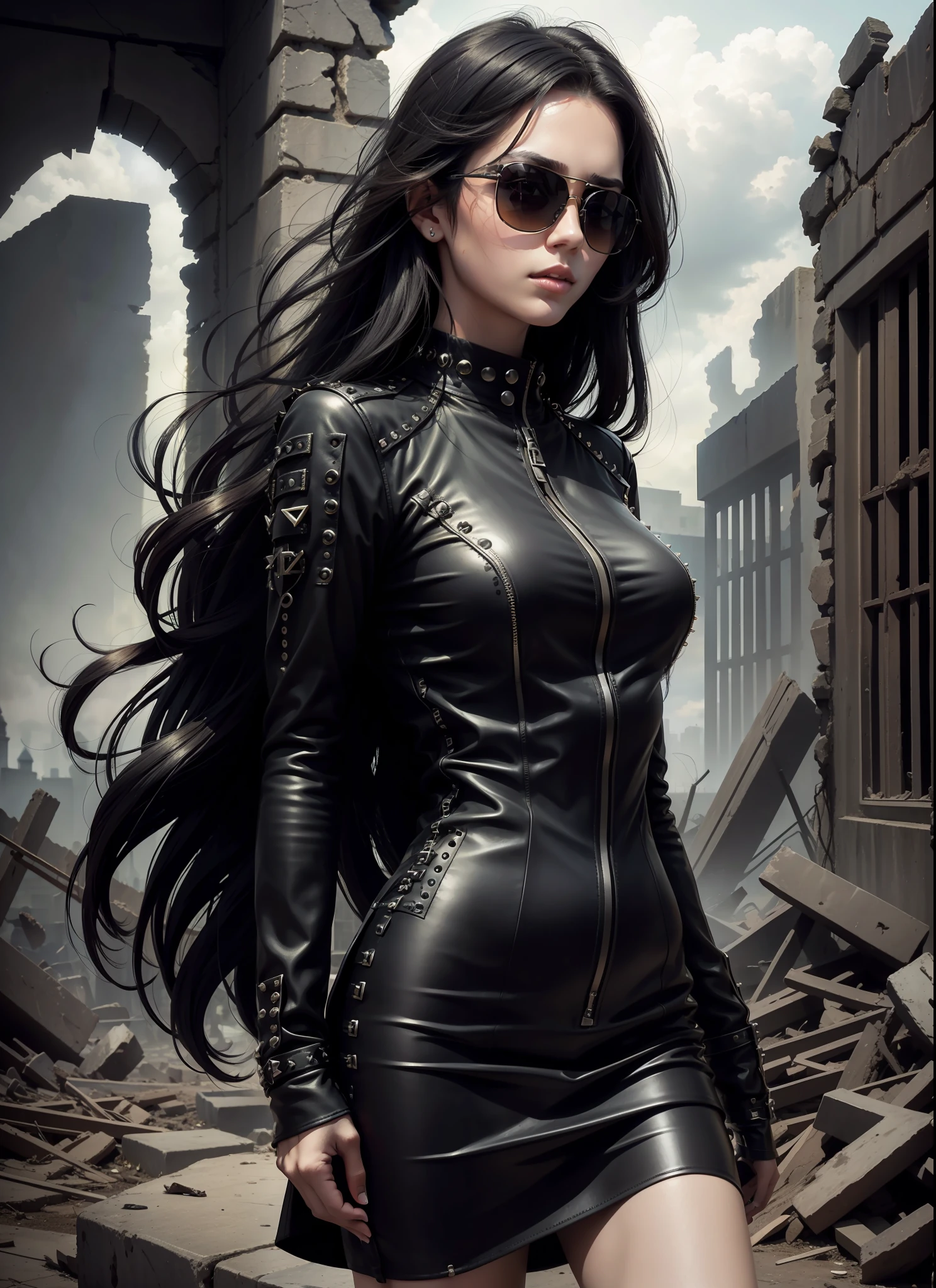 Beautiful woman, medium dark long hair, black sunglasses, black clothes, rivets, just one body, in the ruins, front view