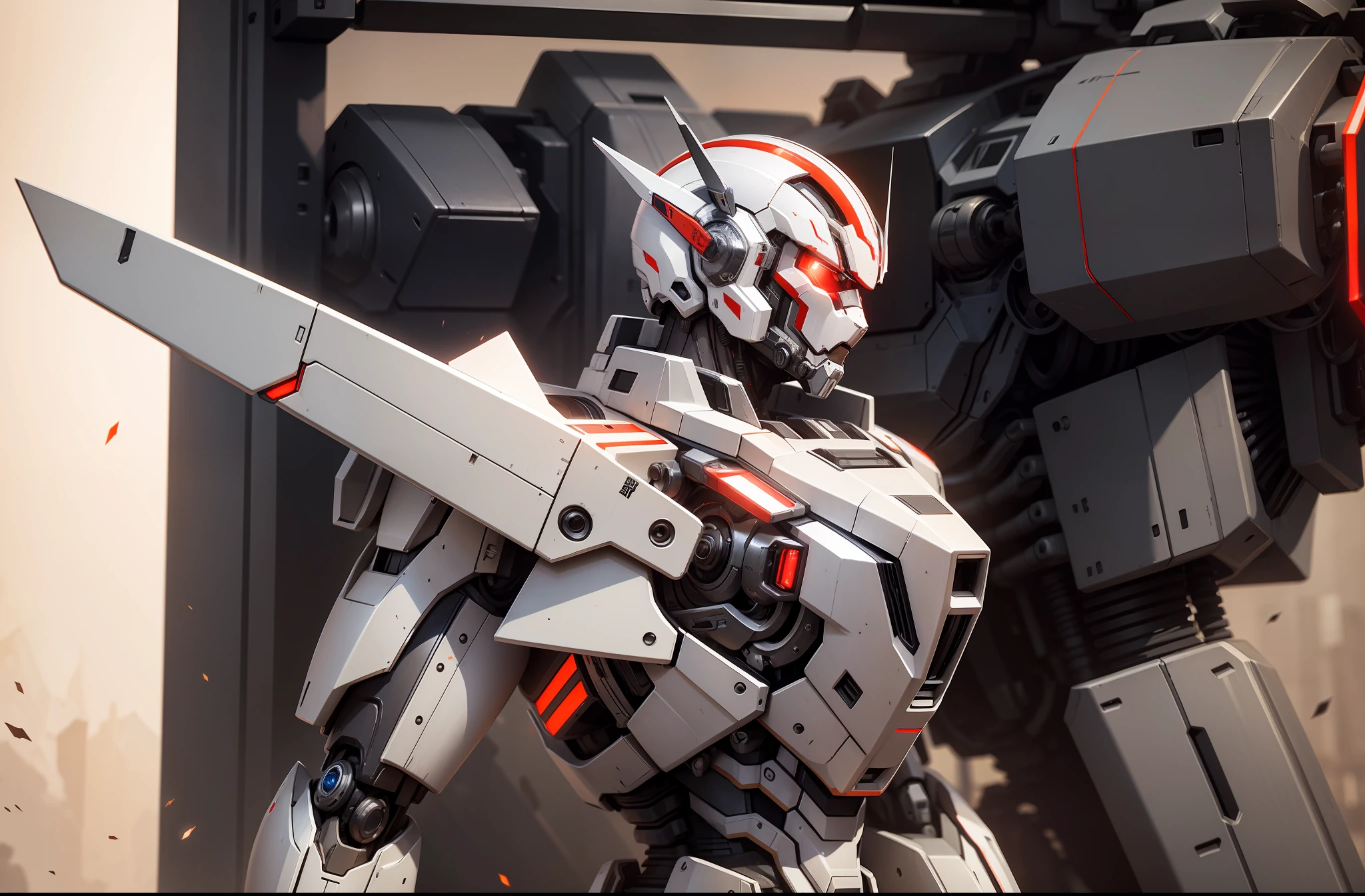 Mecha, Movie Light, Metal Mecha with Clear Lines, Metal Mecha, Mecha Technology Sense, Technology Sense Weapon, Technology Sense Mechanical Accessories, Tyndall Light, 8K, Perfect Picture Quality, Detail Portrayal, Red and White, Armor, Perfect, Detail, Science Fiction