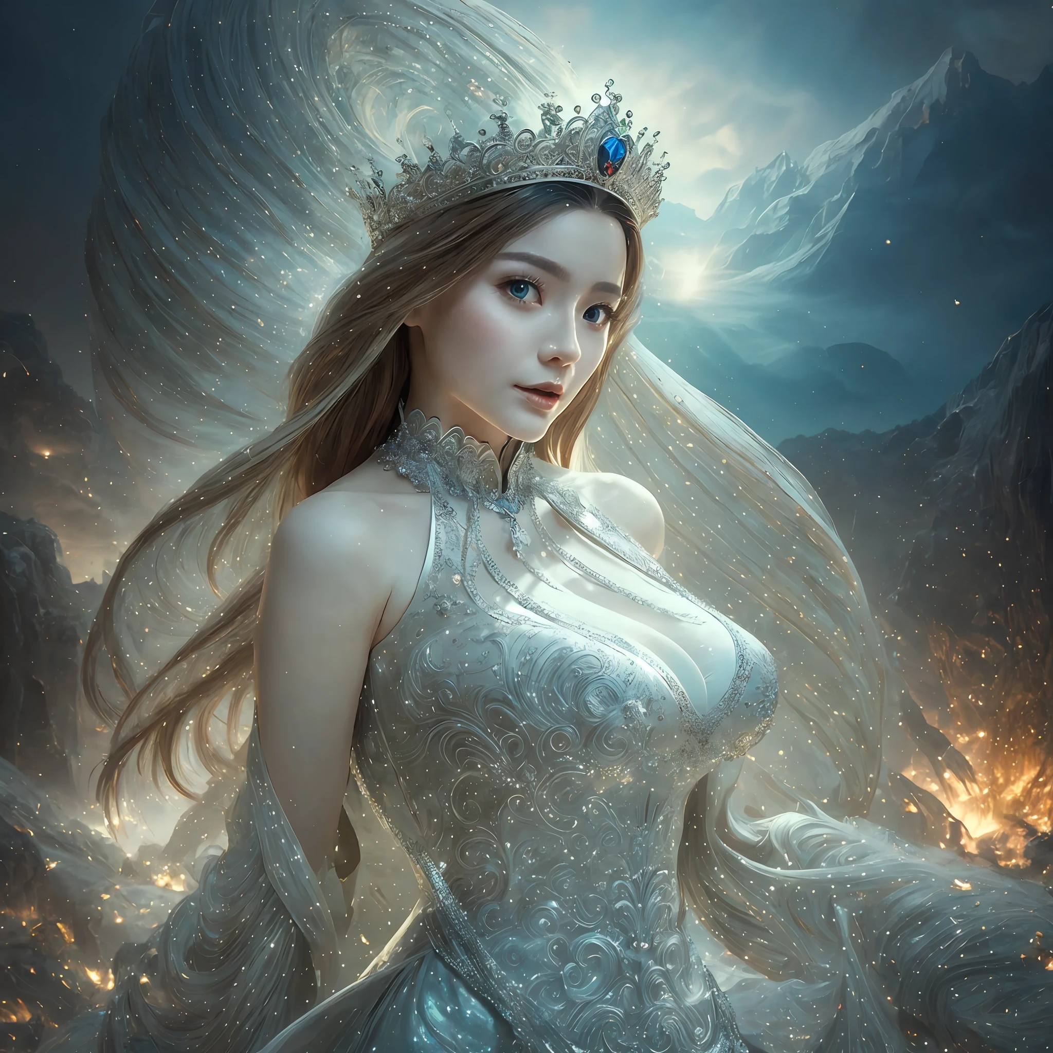 a woman in a silver dress posing for a picture, concept art by Raymond Han, cgsociety contest winner, fantasy art, ((a beautiful fantasy empress)), fantasy dress, a beautiful fantasy empress, karol bak uhd, fantasy gorgeous lighting, fantasy woman, fantasy robe, blonde goddess, style of karol bak, draped in shiny gold and silver, sexy gown