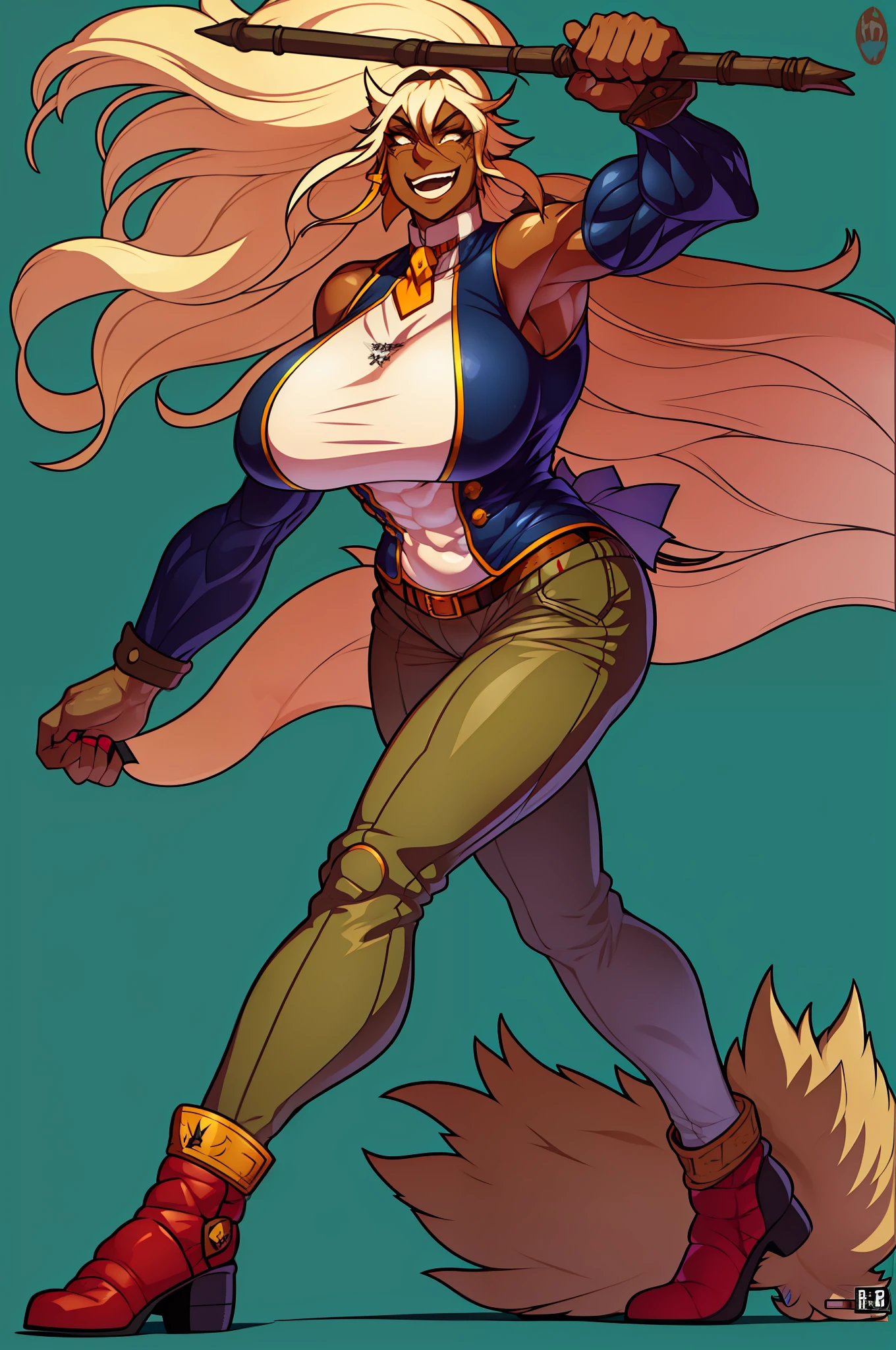 muscle girl,huge breast,, tall female, ,pants, solo focus, 1character, portrait full body,dark skinned female, , vest, coat, walking, medieval clothing, long hair, blond hair,, open mouth smile, revealing cloths, , berserker, warrior,portrait, full body, walking,lingerie, green eyes