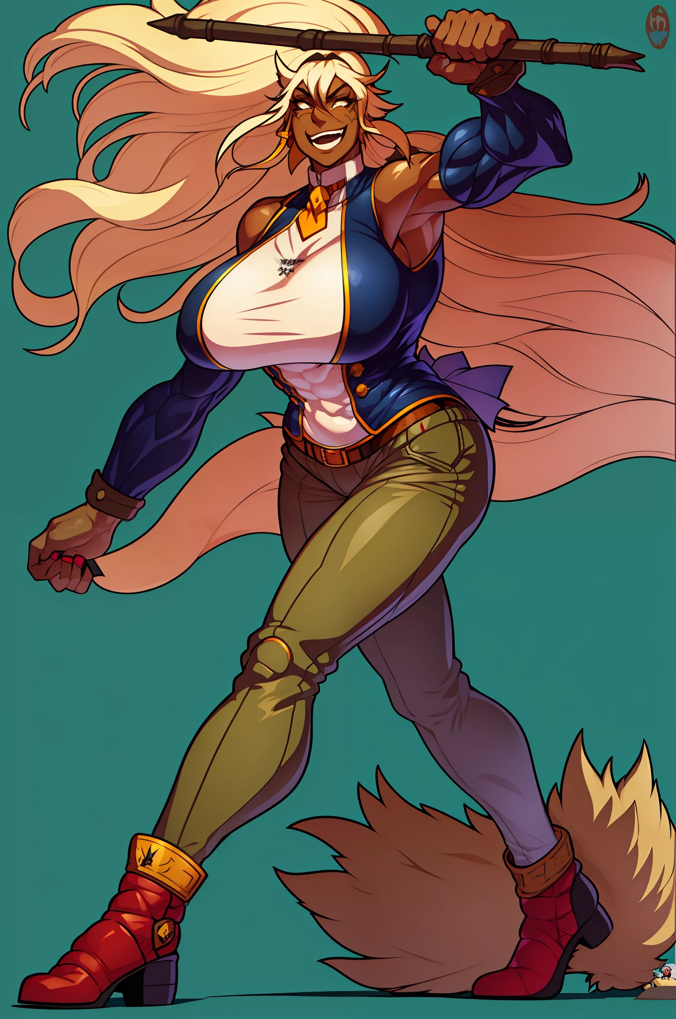muscle girl,huge breast,, tall female, ,pants, solo focus, 1character, portrait full body,dark skinned female, , vest, coat, walking, medieval clothing, long hair, blond hair,, open mouth smile, revealing cloths, , berserker, warrior,portrait, full body, walking,lingerie, green eyes