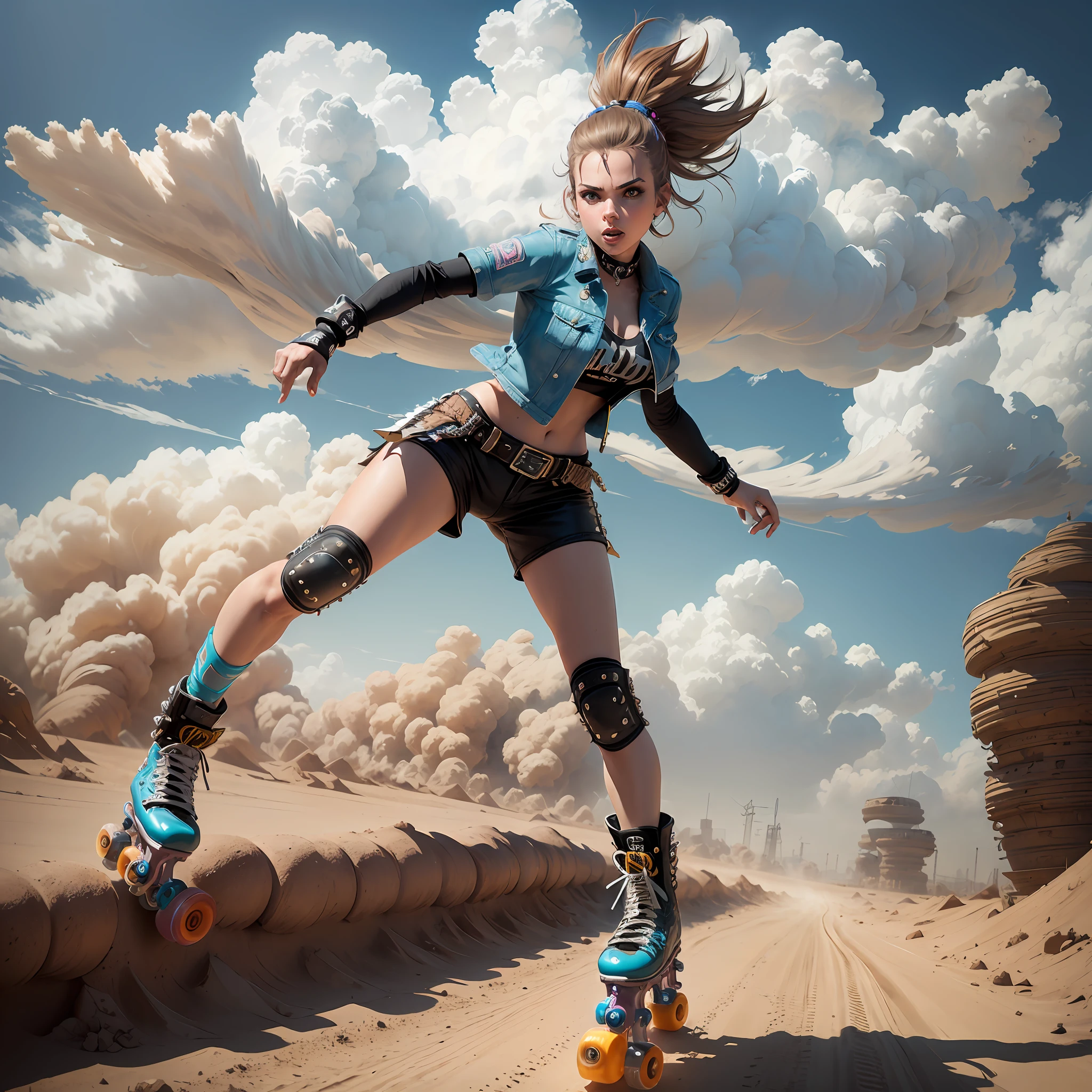 (extremely detailed, high resolution) An ultra-cool punk girl (on roller skates:1.3) races through the wasteland, desert. (Dynamic pose, Flying clouds, Dust Sandstorm, weathered ground)