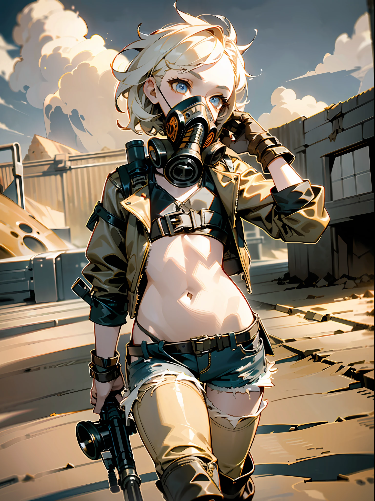 1girl, (solo:1.2), [slim], (small chest), pale skin, ((detailed eyes)), (bokeh effect), (dynamic angle), dynamic pose, short curly hair, leather jacket, ripped jeans, high boots, (backpack), knife, (gas mask:1.2), (dark and cloudy sky), dirty hair, (desert wasteland:1.3), dirty hair, radio, collapsed highway, (desert), ((masterpiece)), (sniper rifle)
