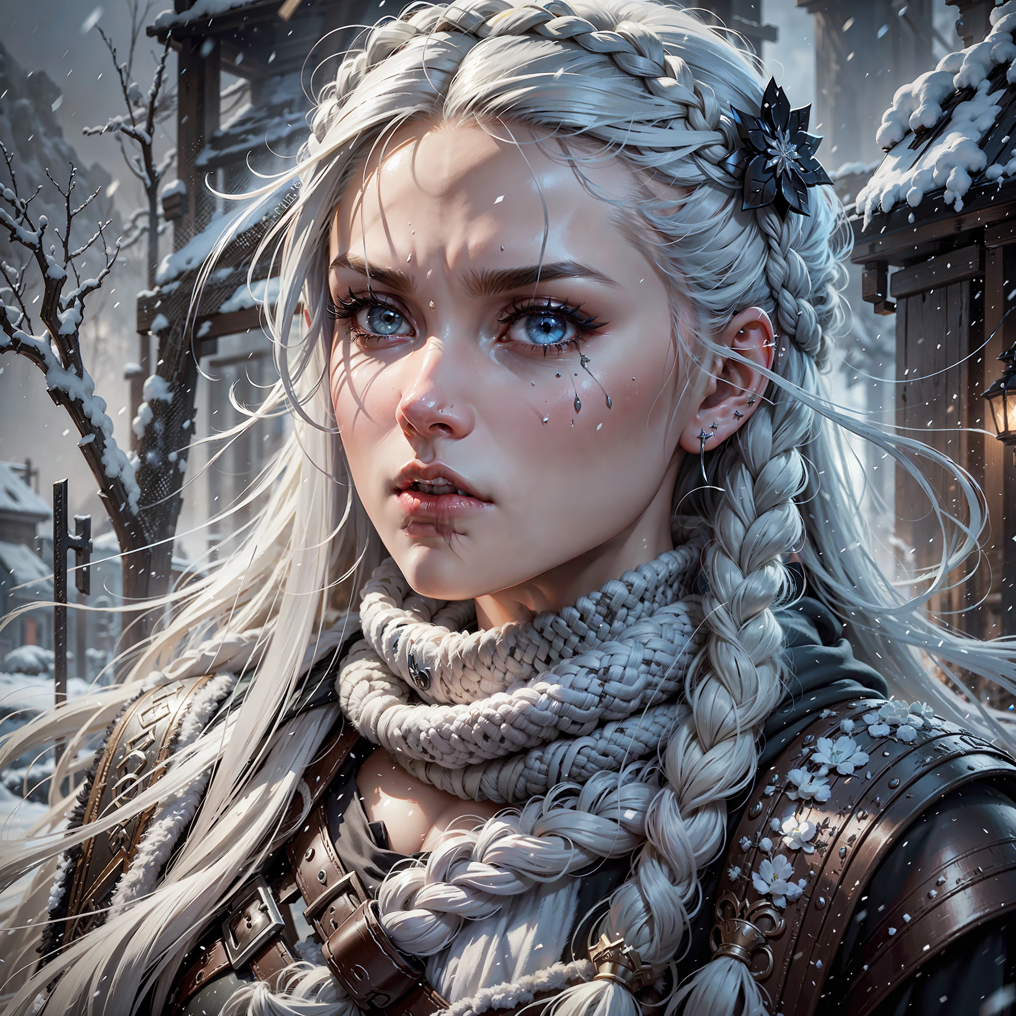 person with a sword and a scarf all detailed with snowflakes, long hair braided to the waist, hair over the shoulder, long hair, braided hair (viking style), closeup of character art, closed mouth, mother of witches, serious face, serious expression, very white skin, bright white hair, huge hair, loose hair, viking style hair, portrait of a hunter, female rogue portrait, stunning character art, explorer, exquisite character epic art, ciri, painted character portrait, cyberpunk shading, white lips, black paint scratch in the middle of the lower lip, very light almost white skin, cold clothes, in the background an ice village, snowstorm in the background, village in the background, frozen fauna and flora, white iris, piercing eyes, extremely detailed eyes, ear piercings, war face paint (black), human ears, half-closed eye, turn pale, heavy breathing, endured face, determined, hair ornament, messy hair, overexposure, cinematic lighting, sparkle, ray tracing, reflection light, backlighting, film grain, UHD, super detail, best quality, textured skin, masterpiece, light battle marks, dusty laundry, dirty snow laundry, worn clothes, dirty laundry with few drops of blood, film granulation, angry look to the right, detailed skin, detailed face, extremely detailed face --auto --s2
