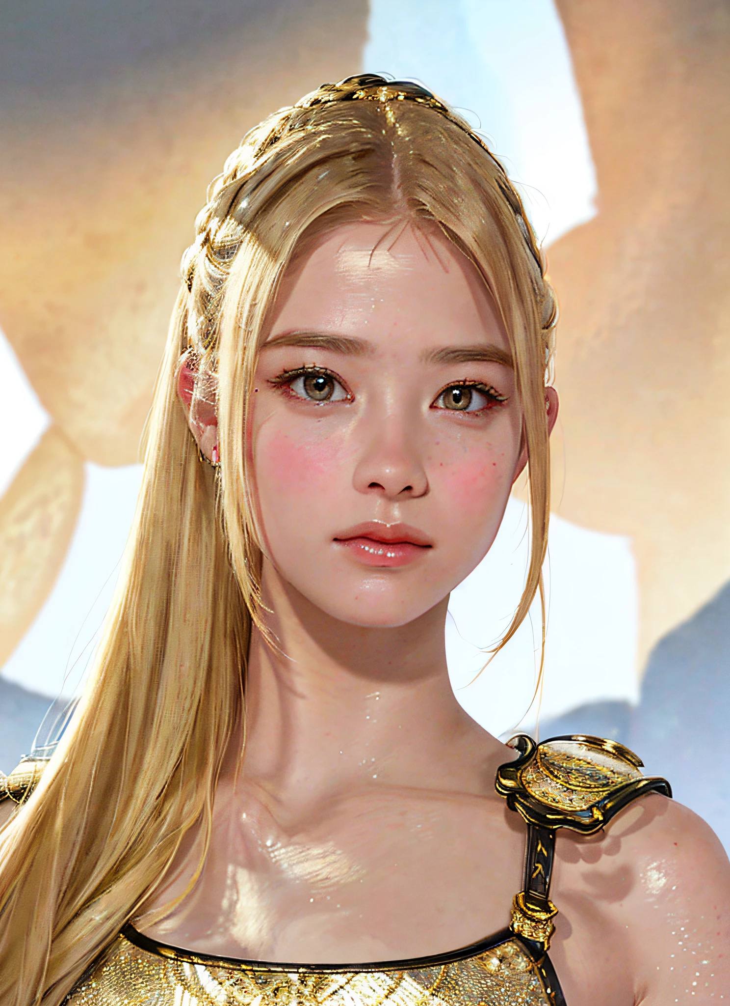 (realistic, portrait), intricate detail, beautiful porcelain profile face ultra detailed complex 3d render, big, huge, sexy swimsuit (micro bikini), (surreal), (illustration), (high resolution), (8K), (very detailed), (best illustration), (beautiful detailed eyes), (best quality), (ultra detailed), intricate detail jewelry (detailed female armor: 2.3), ( Gorgeous gold armor: 1.3), 1 girl, solo, long hair, wind, gorgeous face, top quality, masterpiece, maximum detail, diffused lighting, (blonde: 1.3), Valhalla Valkyrie, mechanical arm, beauty, facial muscles