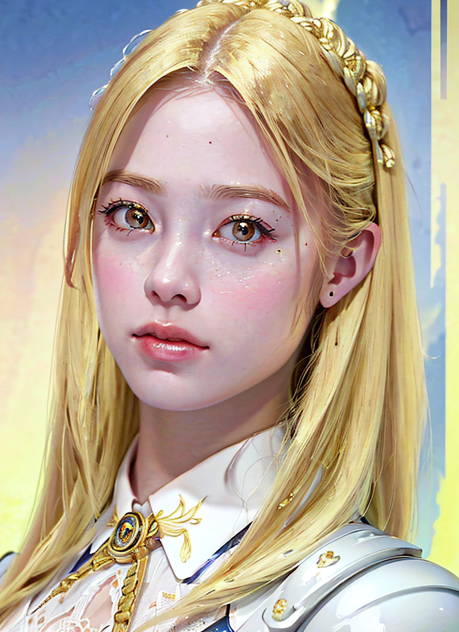 (realistic, portrait), intricate detail, beautiful porcelain profile face ultra detailed complex 3d render, big, huge, sexy swimsuit (micro bikini), (surreal), (illustration), (high resolution), (8K), (very detailed), (best illustration), (beautiful detailed eyes), (best quality), (ultra detailed), intricate detail jewelry (detailed female armor: 2.3), ( Gorgeous gold armor: 1.3), 1 girl, solo, long hair, wind, gorgeous face, top quality, masterpiece, maximum detail, diffused lighting, (blonde: 1.3), Valhalla Valkyrie, mechanical arm, beauty, facial muscles