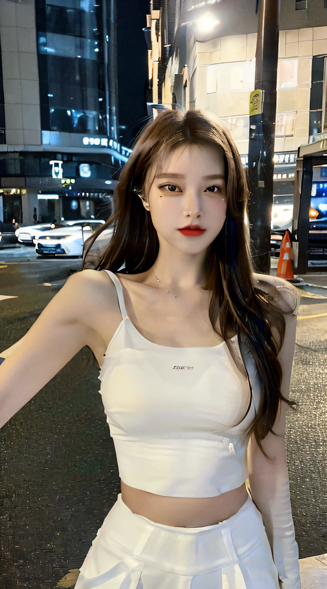 ((Realistic lighting, Best quality, 8K, Masterpiece: 1.3)), Clear focus: 1.2, 1girl, Perfect Figure: 1.4, Slim Abs: 1.1, ((Dark brown hair)), (White crop top: 1.4), (Outdoor, Night: 1.1), City streets, Super fine face, Fine eyes, Double eyelids,
