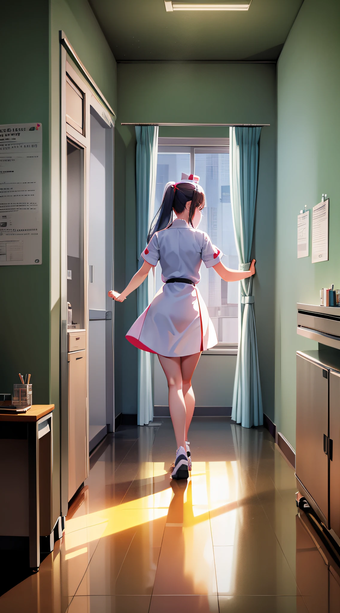 infirmary, curtains, 1girl, nurse, white dress,, masterpiece, best quality, highly detailed