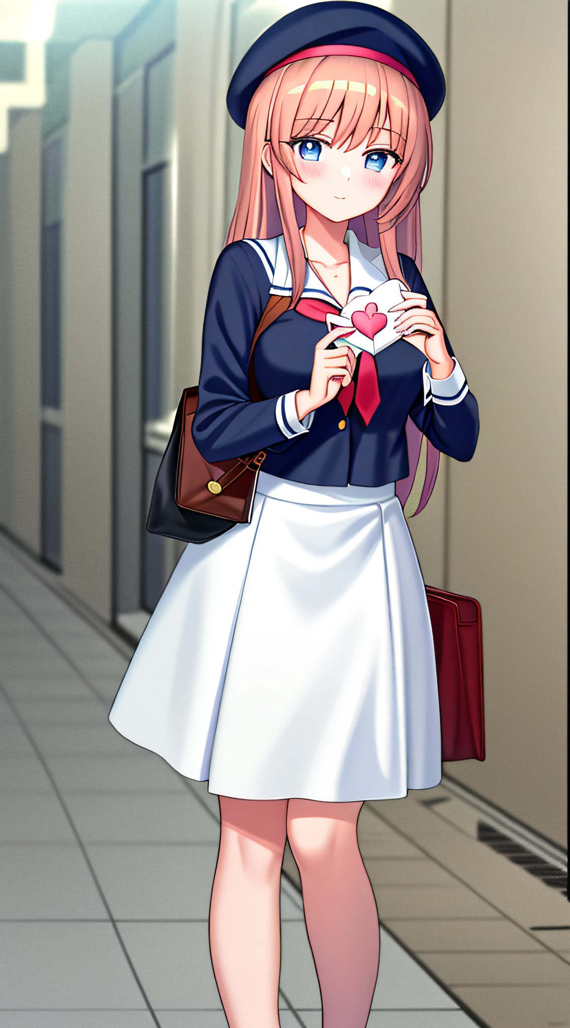 masterpiece, best quality, girl, in school corridor, holding love letter, speaking heart