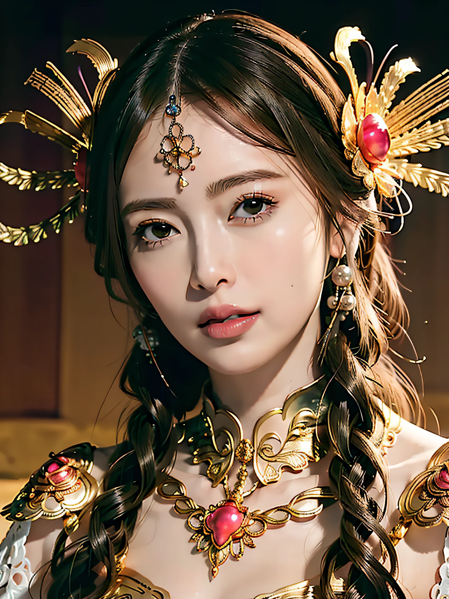 Ultra detailed complex 3d rendering of Kim Kardashian's beautiful porcelain profile face, biomechanical cyborg, (realistic, portrait: 2.3), intricate detail, big, ???? swimsuit, intricate detail jewel (detailed female gold armor: 2.3) (surreal), (illustration), (high resolution), (8K), (very detailed), (best illustration), 150mm lens, Beautiful soft natural light, large leaves and stems, roots, fine leaf lace, colorful details, Maasai Warrior, haute couture by Alexander McQueen haute couture, pearl earrings, Art Nouveau embroidery fashion, steampunk, intricate details, wire mesh, Mandelbrot fractal, anatomical, facial muscles, cable wire, microchip, Elegant, Hyperrealistic, Ultra-Detailed, Octane Rendering, Style HR Giger, Volumetric Lighting, 8k Post-Production