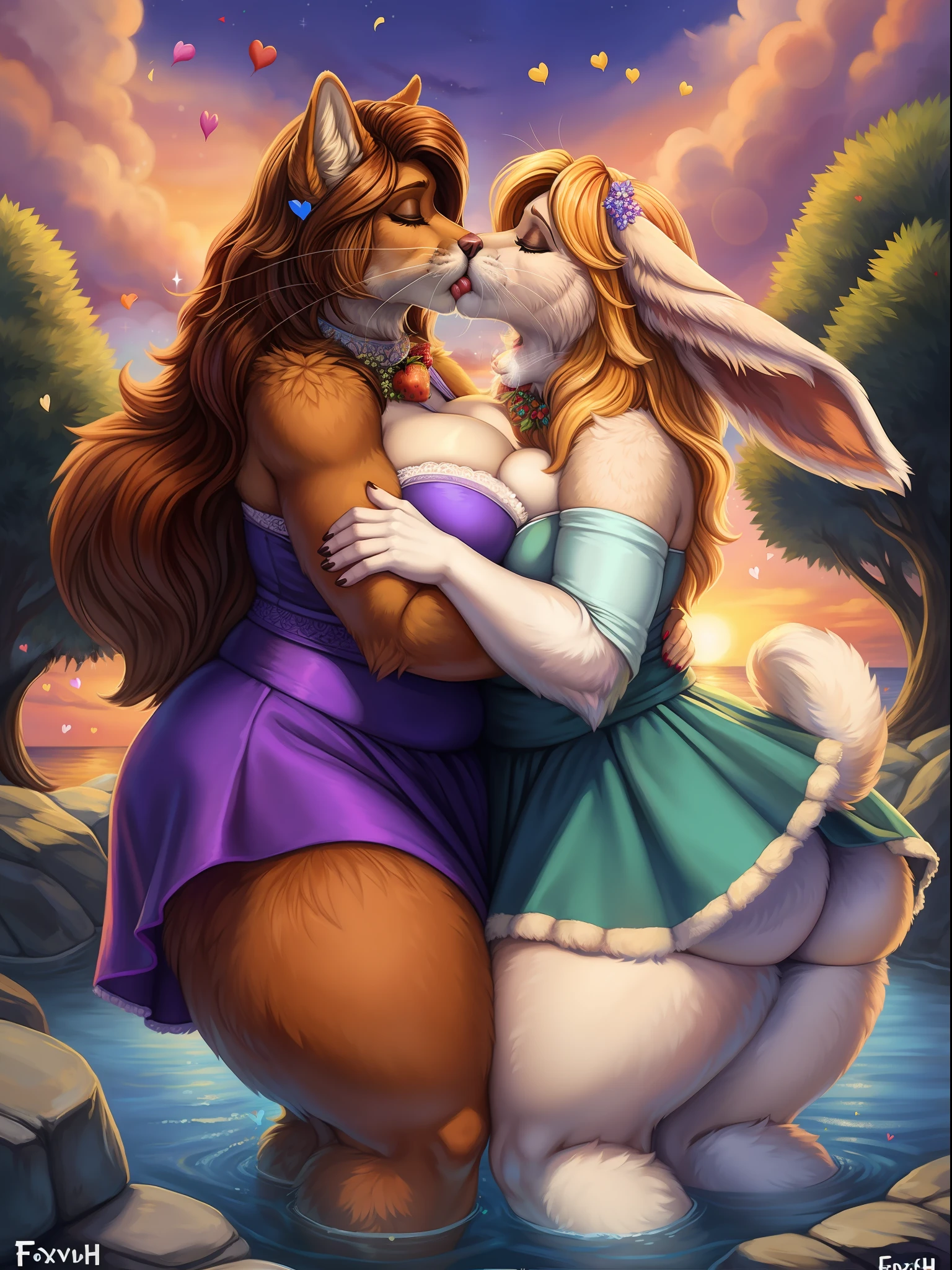 yiffymix, (fur:1.5), (fuzzy:1.5), ((2girls)), ear accessory, arm accessory, neck accessory, slightly chubby anthro, middle-aged, tall mature stepmothers, CANINE, big butt, buttcrack, long snout, long ears, (whiskers:1.4), anatomically correct, (detailed lips wrinkle), female/female, bottomless, (upskirt), (((very romantic aggressive deep intense exciting kissing makeout session))), (((kissing lips making an 'S' line))), breasts frottage, big breasts, (wardrobe malfunction), cleavage, being against each other, backbreaking hugging, by foxovh, isometric view, full length portrait, sunset clouds, stars, sparkles, bubble, (floating hearts), food, fruit, cake, confetti, light beams, legs in water, absurd res, (), masterpiece, femboy,