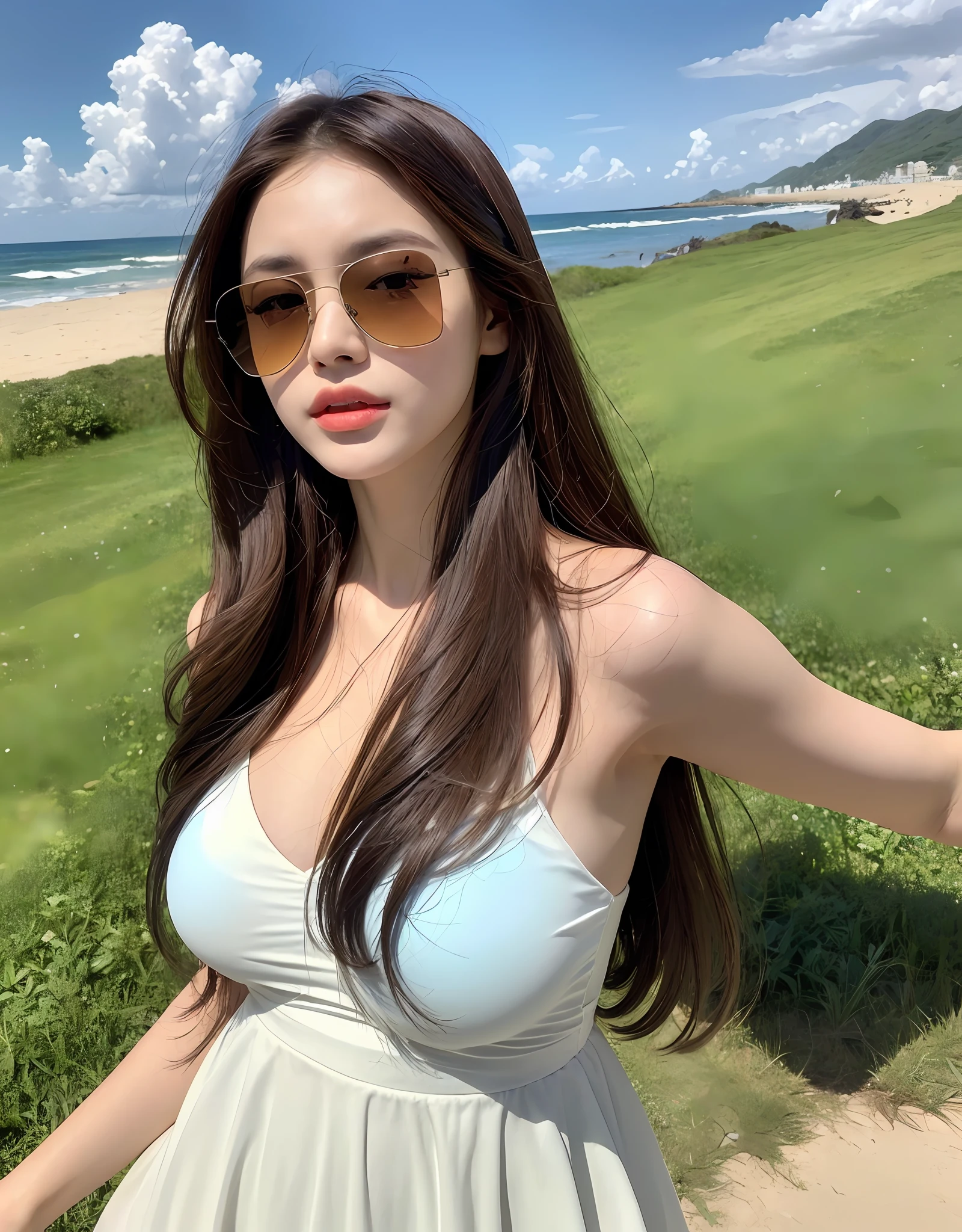 (Daytime, Excellent, 8K, Masterpiece:1.3)), Full body, Long legs, Focal length: 1.2, Perfect Body Beauty: 1.4, Slim Abs: 1.1, ((Dark Brown Hair, Big Breasts: 1.2 )), (Red Dress, Standing: 1.2), ((Sea, Blue Sky and White Clouds: 1.3)), Highly detailed facial and skin texture, Detailed eyes, Double eyelids, Long flying hair, wearing sunglasses