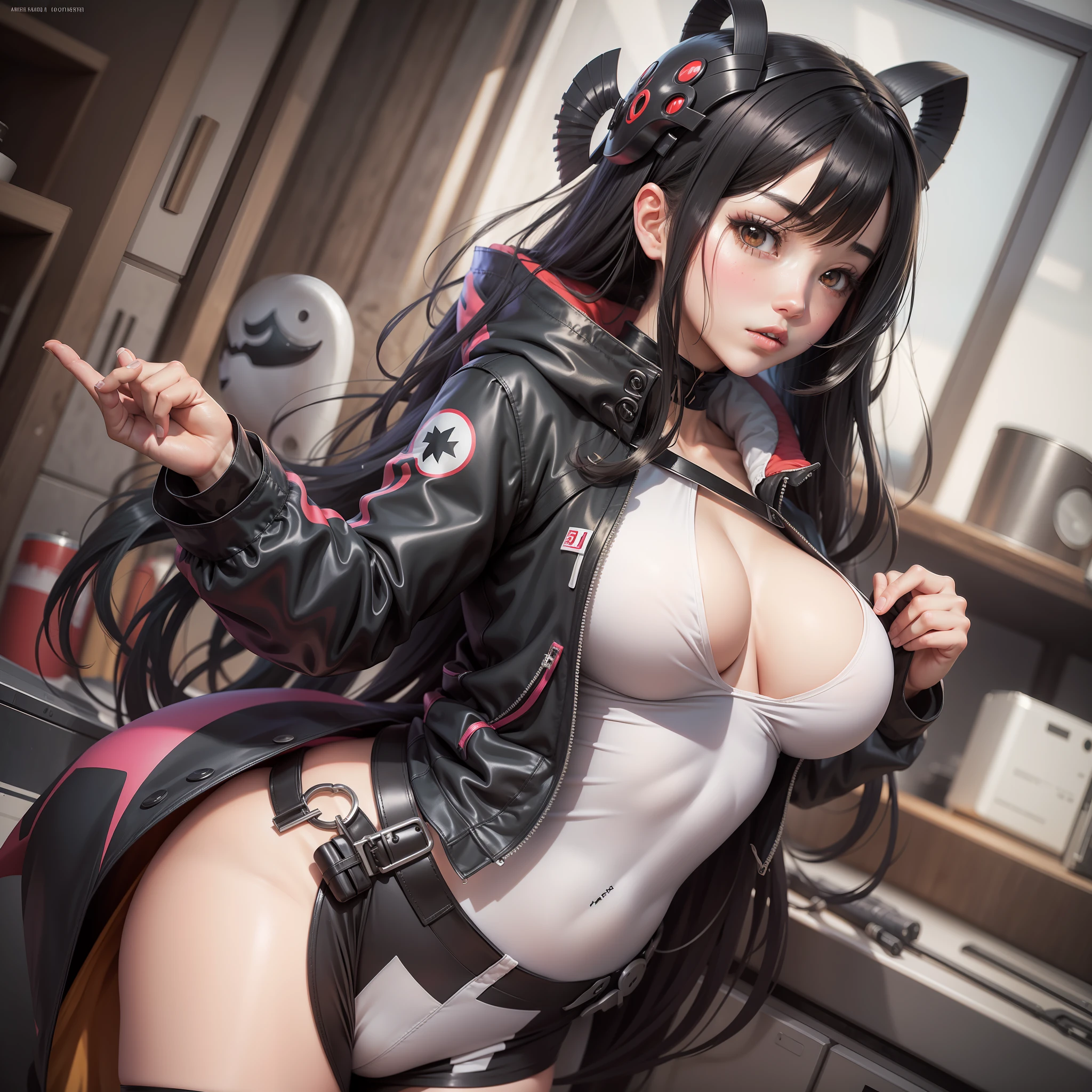 Anime girl, long hair, black hair, white skin, front, slip pocket, mask, tights, jacket, big breasts, big ass, tentacles