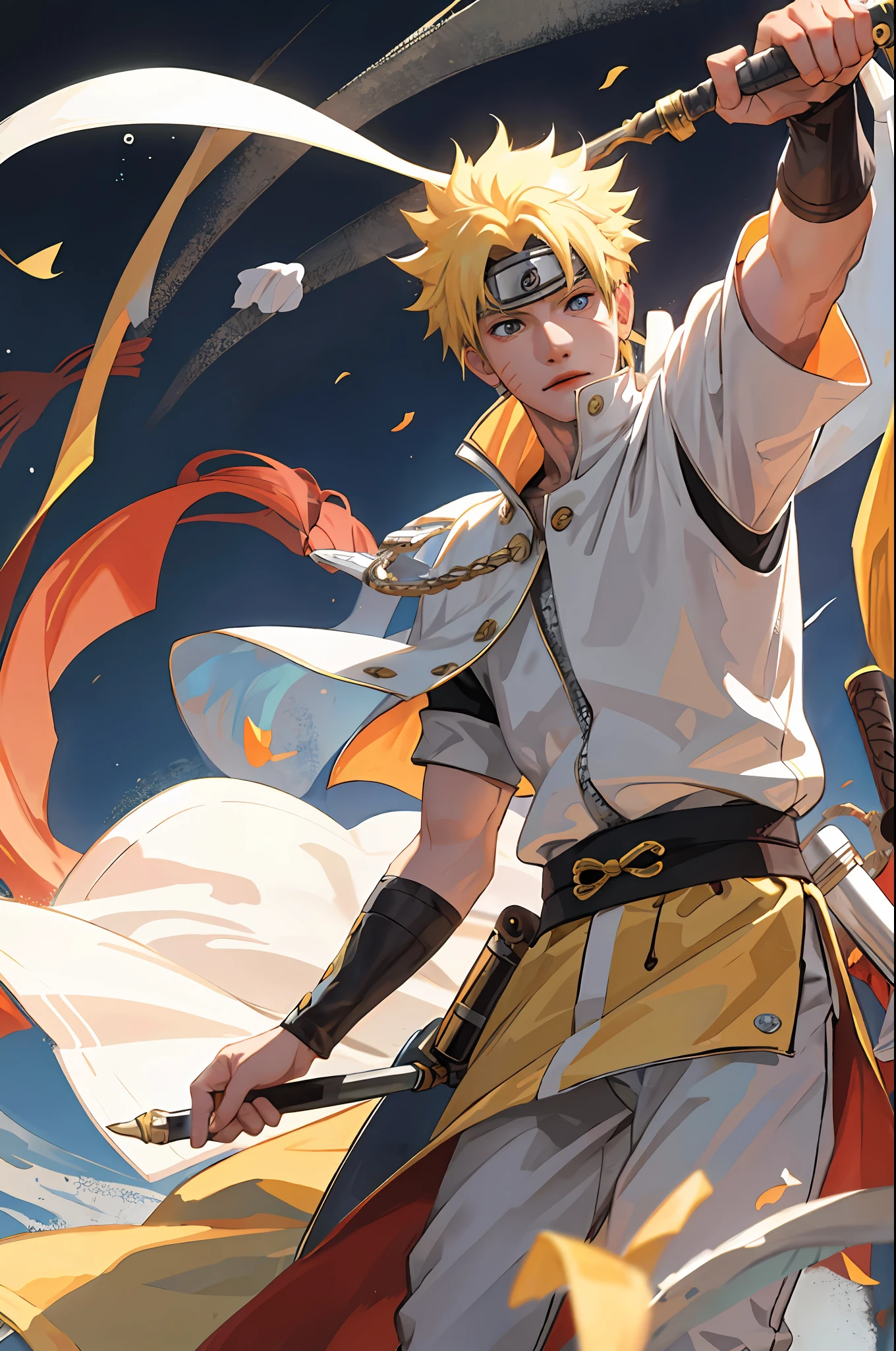 8k, best quality, masterpiece, highly detailed, semi realistic, 1 boy, mature male, 20 years old, yellow hair, short hair, curtain bangs, blue pupils, silver white armor, white fluffy pants, silver iron boots, red white fluffy brimmed cloak, wielding sword, knight, coronation ceremony,War, flames, bloodstains,Lily, petal rain,banner, uzumaki naruto, from front, masculine, tall, handsome