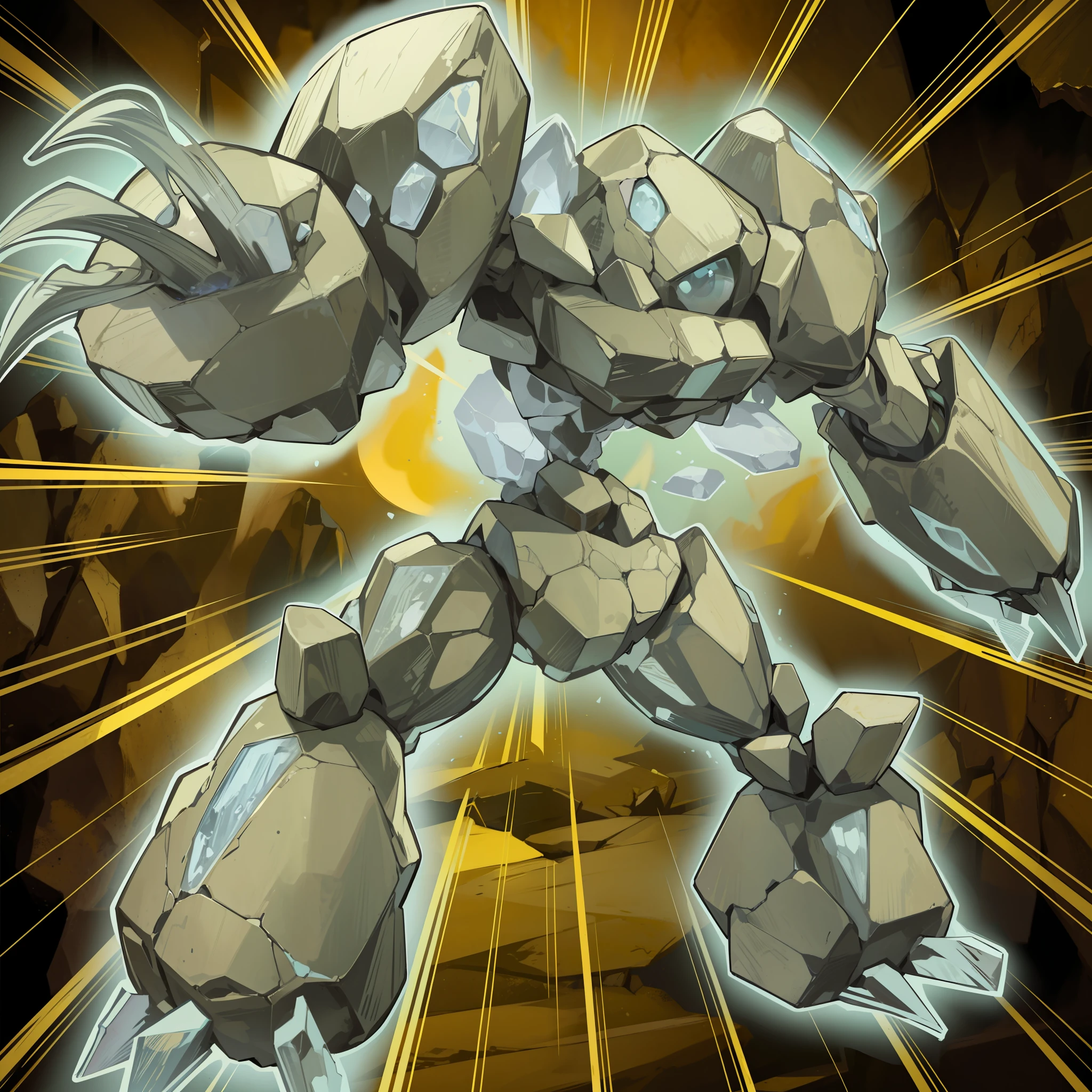 A humanoid rock puppet with a human face composed of rocks on the head and a body composed of stones, slowly crawling out of the sand, and there are some weeds in the cracks in the rocks of the body. The background is forest, daytime, cute little monsters, monster close-up, game illustration, manga style