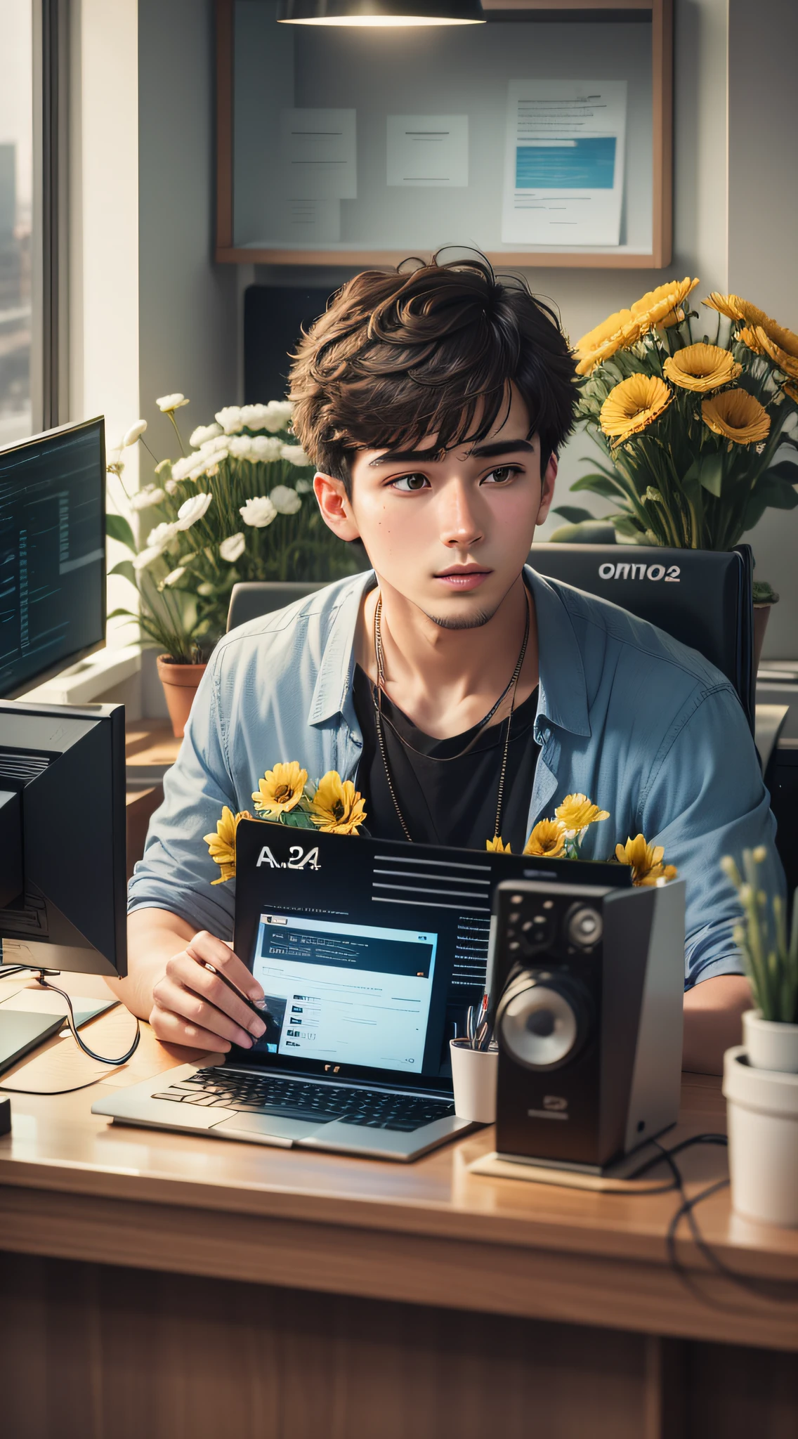 A 24 year old boy in an office, monitor, sense of technology, large flowers --auto --s2