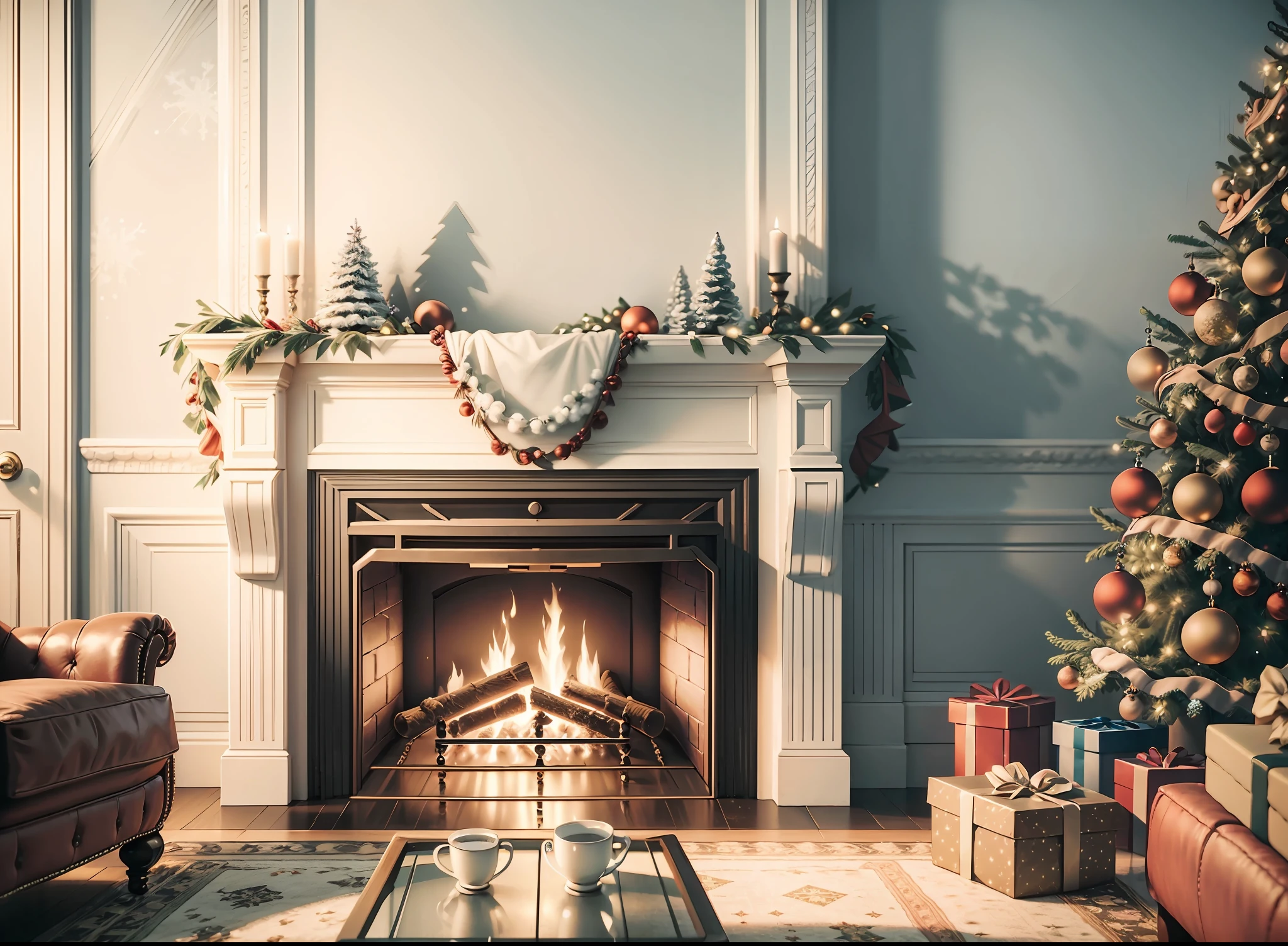 front view full christmas tree, armchair and fireplace, real photography, super realistic rendering, realistic rendering, 8k, --auto --v6 --s2